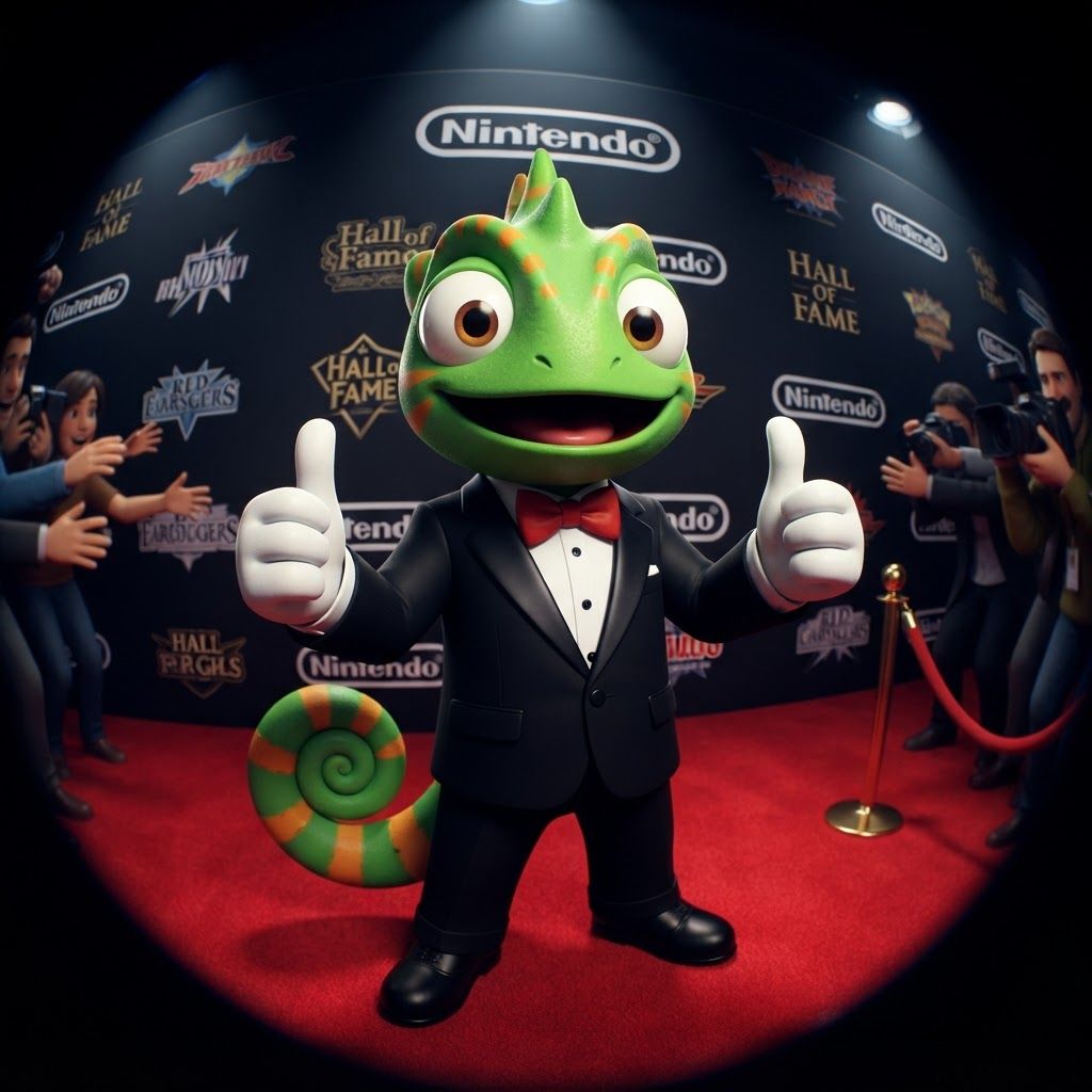 AI Design for Create an image where this chameleon character poses like these two Mario Brothers taking the exact retro style of this photo with the fisheye lens thumbs up overall happy pose posing for this sort of met gala of a famous Hall of Fame video game mascots where this chameleon here is essentially getting greeted by fans posing doing a thumbs up and a black tuxedo with with like white and a black bow tie like a red bow tie you can do you can variate between them essentially posing for the fans as you can see he has a very simple design with fun and interesting eyes cheek triangular stripes like cheek stripes acrossed three whole three small horns a back frill and three orange stripes on each of his hands but because he's wearing sleeves they get covered up he should also have a tail which is completely green swirly and then has four or distinct kind of wide chunky stripes if they're all differentiated so you have like space in between them so they don't get mutated and this make him over all happy that he is seeing all of his fans and stuff like that