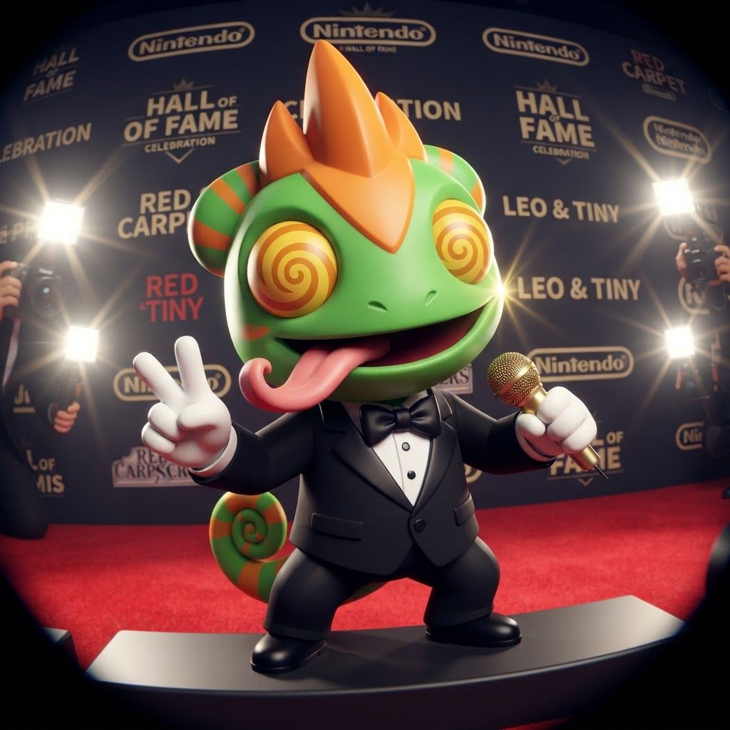 AI Design for Create a polished 3D portrait of Leo, the green-and-orange chameleon mascot from Leo & Tiny, posed like a hugely popular video game mascot at a prestigious Hall of Fame photoshoot.

Do not change Leo's recognizable overall appearance or character design. Keep his green skin, orange markings, expressive eyes, chameleon features, and natural, relatively slim mascot proportions. Avoid making him overly chunky, muscular, or blocky.

Dress Leo in a modern black-and-white tuxedo with a crisp white shirt and elegant black bow tie. Make the outfit stylish and slightly cinematic while still fitting his playful video-game character design.

Leo is facing the camera with a big cheerful smile, giving an energetic, charismatic celebrity-like pose. His tongue is playfully sticking out as if he's happily singing his signature song, while keeping the expression fun and wholesome.

Use dramatic camera flashes, subtle reflections, and a glamorous press-event atmosphere, as though dozens of photographers are taking pictures of a famous gaming mascot. Keep the early-2000s/early-2010s 3D video-game promotional aesthetic: slightly low-poly geometry, clean polygonal forms, modestly glossy materials, expressive character modeling, and polished studio lighting. Add a subtle fisheye/wide-angle lens effect for extra personality.

The final image should feel like a legendary promotional photo of a beloved video-game mascot: cool, stylish, playful, nostalgic, and instantly recognizable as Leo. And this is very important don't make him tall and Slender make him like short and stubby and happy and all that