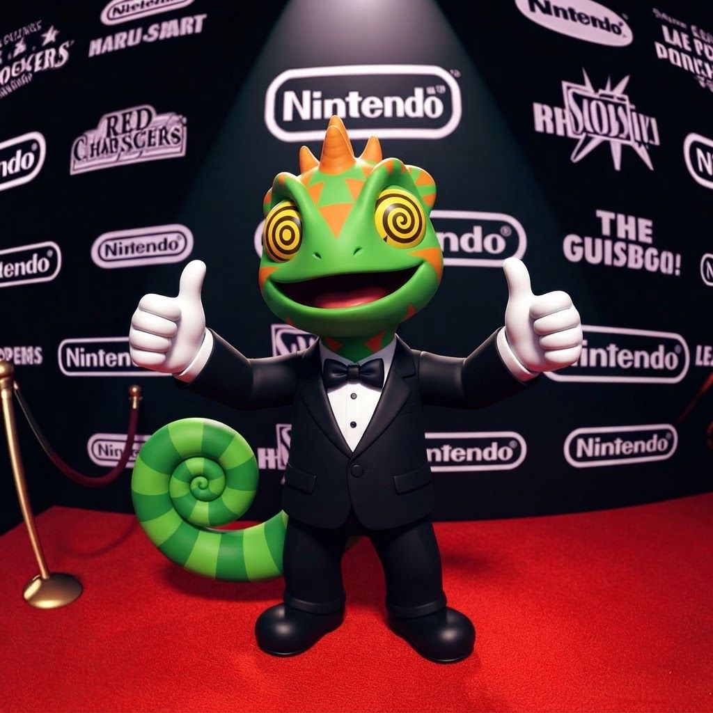AI Design for Create an image where this chameleon character poses like these two Mario Brothers taking the exact retro style of this photo with the fisheye lens thumbs up overall happy pose posing for this sort of met gala of a famous Hall of Fame video game mascots where this chameleon here is essentially getting greeted by fans posing doing a thumbs up and a black tuxedo with with like white and a black bow tie like a red bow tie you can do you can variate between them essentially posing for the fans as you can see he has a very simple design with fun and interesting eyes cheek triangular stripes like cheek stripes acrossed three whole three small horns a back frill and three orange stripes on each of his hands but because he's wearing sleeves they get covered up he should also have a tail which is completely green swirly and then has four or distinct kind of wide chunky stripes if they're all differentiated so you have like space in between them so they don't get mutated and this make him over all happy that he is seeing all of his fans and stuff like that