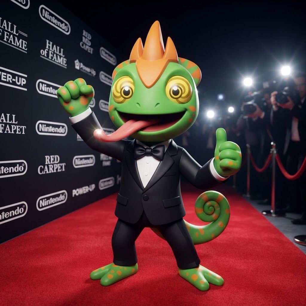 AI Design for Create a polished 3D portrait of Leo, the green-and-orange chameleon mascot from Leo & Tiny, posed like a hugely popular video game mascot at a prestigious Hall of Fame photoshoot.

Do not change Leo's recognizable overall appearance or character design. Keep his green skin, orange markings, expressive eyes, chameleon features, and natural, relatively slim mascot proportions. Avoid making him overly chunky, muscular, or blocky.

Dress Leo in a modern black-and-white tuxedo with a crisp white shirt and elegant black bow tie. Make the outfit stylish and slightly cinematic while still fitting his playful video-game character design.

Leo is facing the camera with a big cheerful smile, giving an energetic, charismatic celebrity-like pose. His tongue is playfully sticking out as if he's happily singing his signature song, while keeping the expression fun and wholesome.

Use dramatic camera flashes, subtle reflections, and a glamorous press-event atmosphere, as though dozens of photographers are taking pictures of a famous gaming mascot. Keep the early-2000s/early-2010s 3D video-game promotional aesthetic: slightly low-poly geometry, clean polygonal forms, modestly glossy materials, expressive character modeling, and polished studio lighting. Add a subtle fisheye/wide-angle lens effect for extra personality.

The final image should feel like a legendary promotional photo of a beloved video-game mascot: cool, stylish, playful, nostalgic, and instantly recognizable as Leo.
