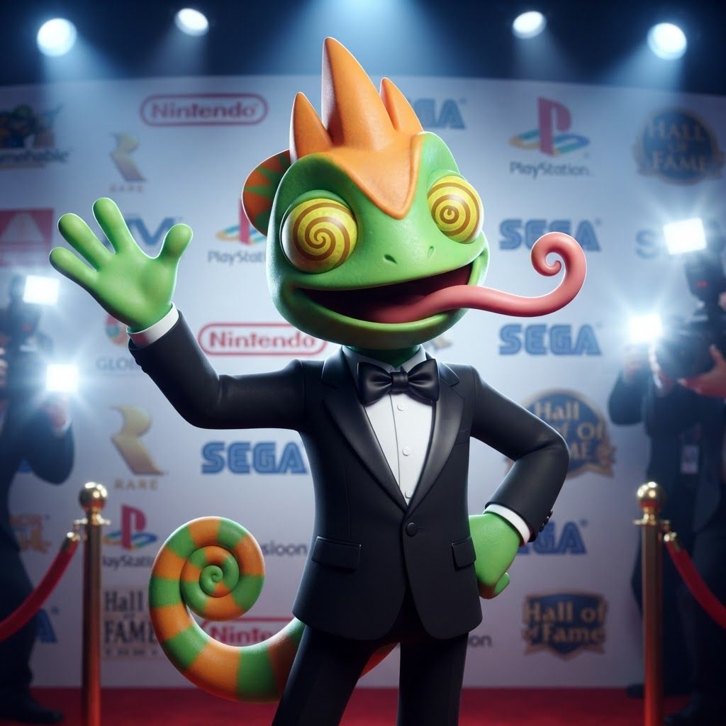 AI Design for Create a polished 3D portrait of Leo, the green-and-orange chameleon mascot from Leo & Tiny, posed like a hugely popular video game mascot at a prestigious Hall of Fame photoshoot.

Do not change Leo's recognizable overall appearance or character design. Keep his green skin, orange markings, expressive eyes, chameleon features, and natural, relatively slim mascot proportions. Avoid making him overly chunky, muscular, or blocky.

Dress Leo in a modern black-and-white tuxedo with a crisp white shirt and elegant black bow tie. Make the outfit stylish and slightly cinematic while still fitting his playful video-game character design.

Leo is facing the camera with a big cheerful smile, giving an energetic, charismatic celebrity-like pose. His tongue is playfully sticking out as if he's happily singing his signature song, while keeping the expression fun and wholesome.

Use dramatic camera flashes, subtle reflections, and a glamorous press-event atmosphere, as though dozens of photographers are taking pictures of a famous gaming mascot. Keep the early-2000s/early-2010s 3D video-game promotional aesthetic: slightly low-poly geometry, clean polygonal forms, modestly glossy materials, expressive character modeling, and polished studio lighting. Add a subtle fisheye/wide-angle lens effect for extra personality.

The final image should feel like a legendary promotional photo of a beloved video-game mascot: cool, stylish, playful, nostalgic, and instantly recognizable as Leo.