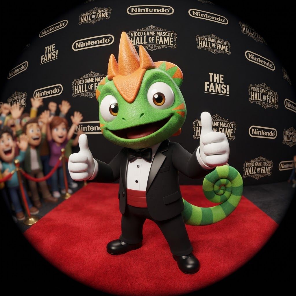 AI Design for Create an image where this chameleon character poses like these two Mario Brothers taking the exact retro style of this photo with the fisheye lens thumbs up overall happy pose posing for this sort of met gala of a famous Hall of Fame video game mascots where this chameleon here is essentially getting greeted by fans posing doing a thumbs up and a black tuxedo with with like white and a black bow tie like a red bow tie you can do you can variate between them essentially posing for the fans as you can see he has a very simple design with fun and interesting eyes cheek triangular stripes like cheek stripes acrossed three whole three small horns a back frill and three orange stripes on each of his hands but because he's wearing sleeves they get covered up he should also have a tail which is completely green swirly and then has four or distinct kind of wide chunky stripes if they're all differentiated so you have like space in between them so they don't get mutated and this make him over all happy that he is seeing all of his fans and stuff like that