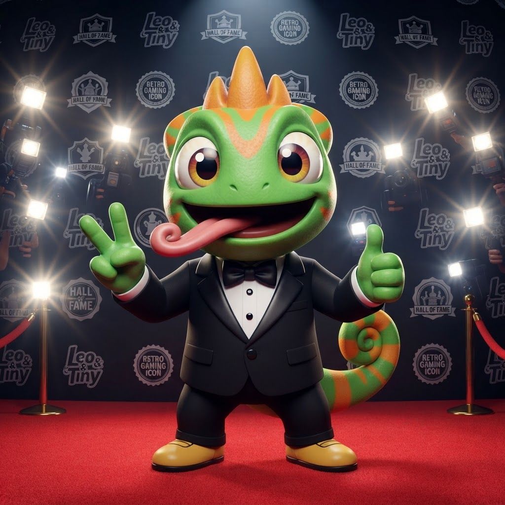 AI Design for Create a polished 3D portrait of Leo, the green-and-orange chameleon mascot from Leo & Tiny, posed like a hugely popular video game mascot at a prestigious Hall of Fame photoshoot.

Do not change Leo's recognizable overall appearance or character design. Keep his green skin, orange markings, expressive eyes, chameleon features, and natural, relatively slim mascot proportions. Avoid making him overly chunky, muscular, or blocky.

Dress Leo in a modern black-and-white tuxedo with a crisp white shirt and elegant black bow tie. Make the outfit stylish and slightly cinematic while still fitting his playful video-game character design.

Leo is facing the camera with a big cheerful smile, giving an energetic, charismatic celebrity-like pose. His tongue is playfully sticking out as if he's happily singing his signature song, while keeping the expression fun and wholesome.

Use dramatic camera flashes, subtle reflections, and a glamorous press-event atmosphere, as though dozens of photographers are taking pictures of a famous gaming mascot. Keep the early-2000s/early-2010s 3D video-game promotional aesthetic: slightly low-poly geometry, clean polygonal forms, modestly glossy materials, expressive character modeling, and polished studio lighting. Add a subtle fisheye/wide-angle lens effect for extra personality.

The final image should feel like a legendary promotional photo of a beloved video-game mascot: cool, stylish, playful, nostalgic, and instantly recognizable as Leo. And this is very important don't make him tall and Slender make him like short and stubby and happy and all that