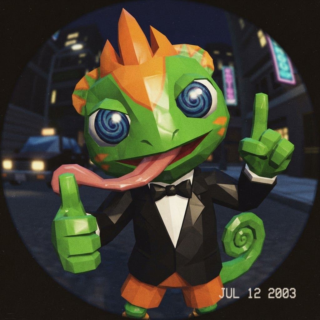 AI Design for YES, I know exactly the vibe you're describing. 😭
It sounds like that AI-generated “luxury character portrait / gaming PFP” aesthetic that mixes:
🧊 Low-poly / semi-low-poly 3D characters — visible polygonal shapes rather than perfectly smooth models
📸 Fisheye or wide-angle camera — especially for close-up portraits where the face/body gets slightly exaggerated
🕶️ Early-2000s / early-2010s game aesthetic — like a polished PS2/PS3-era cinematic or promotional render
💿 Slightly glossy materials — plastic-y but still detailed
🧥 Characters dressed in suits or stylish formal outfits
🏙️ Studio/urban backgrounds with dramatic lighting
🤳 Cool, deliberately posed photography — looking at the camera, leaning toward the lens, arms crossed, etc.
🔷 Chunkier geometry around the face, hands, clothing and body
✨ Modern AI rendering, but intentionally restrained from looking hyper-realistic
For Leo & Tiny, I can absolutely translate that into a coherent PFP style. Leo could have that confident little “official character photoshoot” pose while Tiny does something more goofy beside him, but both would look like they came from the same fictional 2000s-era 3D game promotional render.
And honestly, the fisheye lens + low-poly geometry combination would fit Leo and Tiny ridiculously ❤️‍🩹. Do with this character with all his details and colours and features without change instead make him with lower polygons and retro feel change his pose to look in fisheye lens and dont make his  skin not to dark more vibeant colors kind of retro like refrence photo with  give him a fancy suit and all details and make his eyes look like the reffrence photo and thubs upnumber one make it look like retro lost media