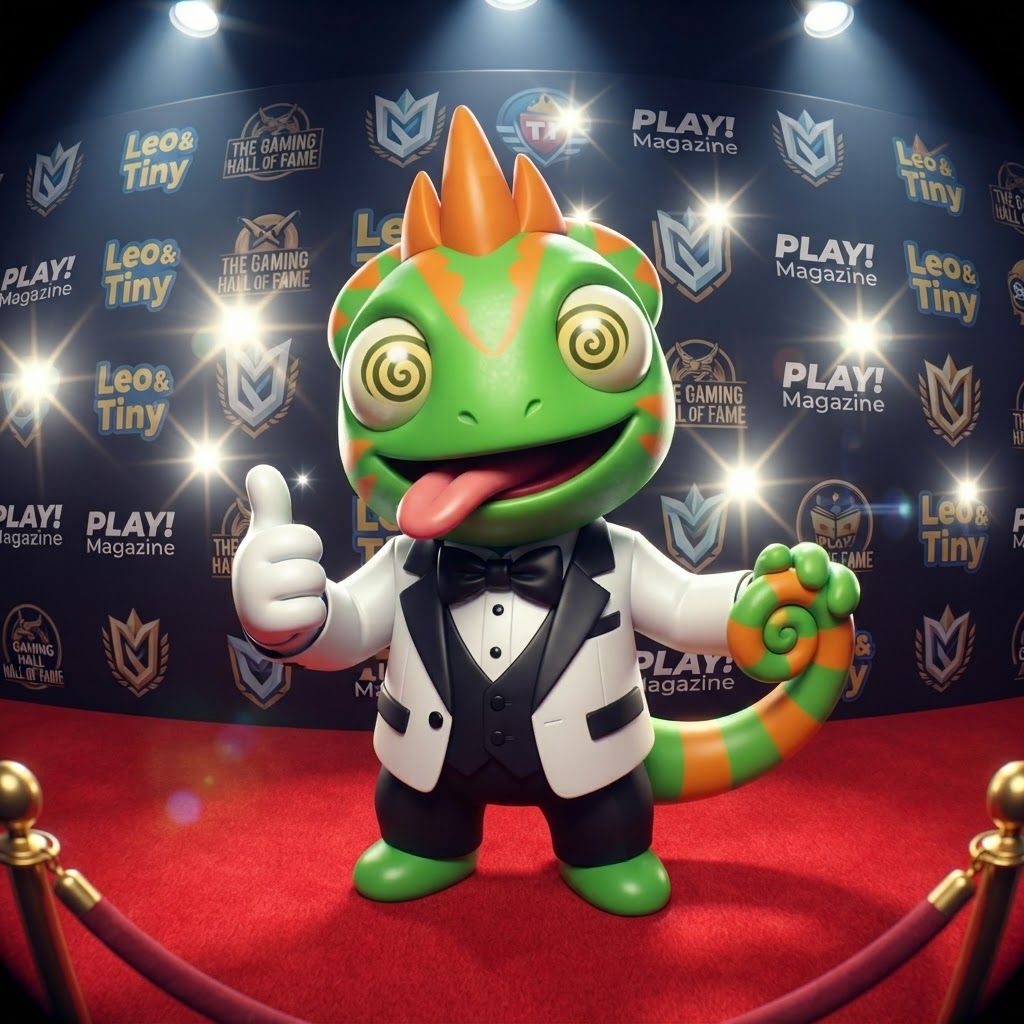 AI Design for Create a polished 3D portrait of Leo, the green-and-orange chameleon mascot from Leo & Tiny, posed like a hugely popular video game mascot at a prestigious Hall of Fame photoshoot.

Do not change Leo's recognizable overall appearance or character design. Keep his green skin, orange markings, expressive eyes, chameleon features, and natural, relatively slim mascot proportions. Avoid making him overly chunky, muscular, or blocky.

Dress Leo in a modern black-and-white tuxedo with a crisp white shirt and elegant black bow tie. Make the outfit stylish and slightly cinematic while still fitting his playful video-game character design.

Leo is facing the camera with a big cheerful smile, giving an energetic, charismatic celebrity-like pose. His tongue is playfully sticking out as if he's happily singing his signature song, while keeping the expression fun and wholesome.

Use dramatic camera flashes, subtle reflections, and a glamorous press-event atmosphere, as though dozens of photographers are taking pictures of a famous gaming mascot. Keep the early-2000s/early-2010s 3D video-game promotional aesthetic: slightly low-poly geometry, clean polygonal forms, modestly glossy materials, expressive character modeling, and polished studio lighting. Add a subtle fisheye/wide-angle lens effect for extra personality.

The final image should feel like a legendary promotional photo of a beloved video-game mascot: cool, stylish, playful, nostalgic, and instantly recognizable as Leo. And this is very important don't make him tall and Slender make him like short and stubby and happy and all that