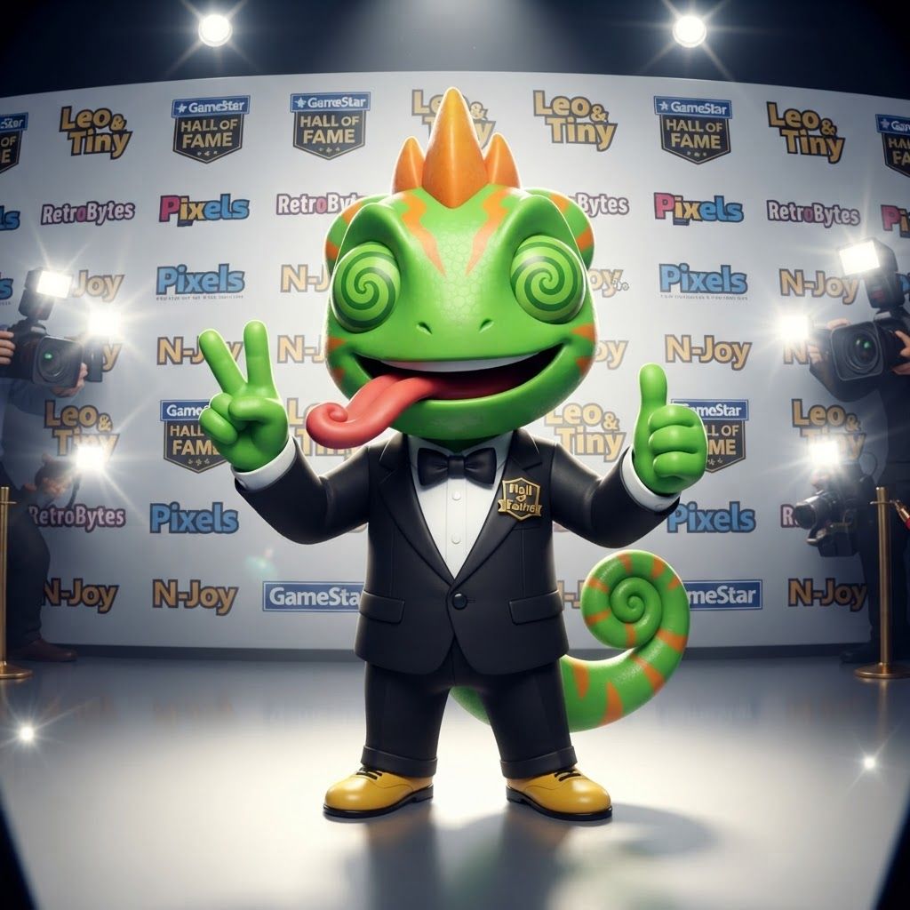 AI Design for Create a polished 3D portrait of Leo, the green-and-orange chameleon mascot from Leo & Tiny, posed like a hugely popular video game mascot at a prestigious Hall of Fame photoshoot.

Do not change Leo's recognizable overall appearance or character design. Keep his green skin, orange markings, expressive eyes, chameleon features, and natural, relatively slim mascot proportions. Avoid making him overly chunky, muscular, or blocky.

Dress Leo in a modern black-and-white tuxedo with a crisp white shirt and elegant black bow tie. Make the outfit stylish and slightly cinematic while still fitting his playful video-game character design.

Leo is facing the camera with a big cheerful smile, giving an energetic, charismatic celebrity-like pose. His tongue is playfully sticking out as if he's happily singing his signature song, while keeping the expression fun and wholesome.

Use dramatic camera flashes, subtle reflections, and a glamorous press-event atmosphere, as though dozens of photographers are taking pictures of a famous gaming mascot. Keep the early-2000s/early-2010s 3D video-game promotional aesthetic: slightly low-poly geometry, clean polygonal forms, modestly glossy materials, expressive character modeling, and polished studio lighting. Add a subtle fisheye/wide-angle lens effect for extra personality.

The final image should feel like a legendary promotional photo of a beloved video-game mascot: cool, stylish, playful, nostalgic, and instantly recognizable as Leo. And this is very important don't make him tall and Slender make him like short and stubby and happy and all that