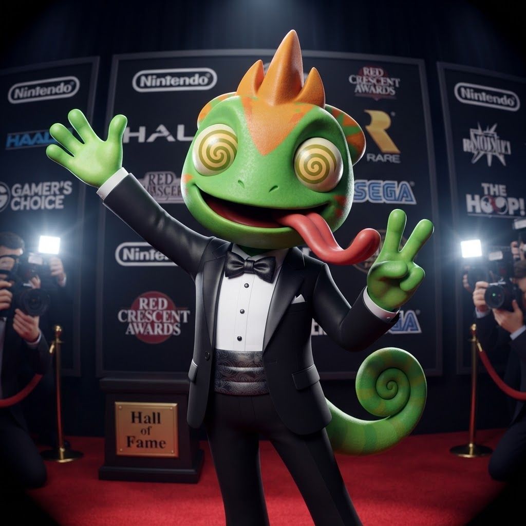 AI Design for Create a polished 3D portrait of Leo, the green-and-orange chameleon mascot from Leo & Tiny, posed like a hugely popular video game mascot at a prestigious Hall of Fame photoshoot.

Do not change Leo's recognizable overall appearance or character design. Keep his green skin, orange markings, expressive eyes, chameleon features, and natural, relatively slim mascot proportions. Avoid making him overly chunky, muscular, or blocky.

Dress Leo in a modern black-and-white tuxedo with a crisp white shirt and elegant black bow tie. Make the outfit stylish and slightly cinematic while still fitting his playful video-game character design.

Leo is facing the camera with a big cheerful smile, giving an energetic, charismatic celebrity-like pose. His tongue is playfully sticking out as if he's happily singing his signature song, while keeping the expression fun and wholesome.

Use dramatic camera flashes, subtle reflections, and a glamorous press-event atmosphere, as though dozens of photographers are taking pictures of a famous gaming mascot. Keep the early-2000s/early-2010s 3D video-game promotional aesthetic: slightly low-poly geometry, clean polygonal forms, modestly glossy materials, expressive character modeling, and polished studio lighting. Add a subtle fisheye/wide-angle lens effect for extra personality.

The final image should feel like a legendary promotional photo of a beloved video-game mascot: cool, stylish, playful, nostalgic, and instantly recognizable as Leo.