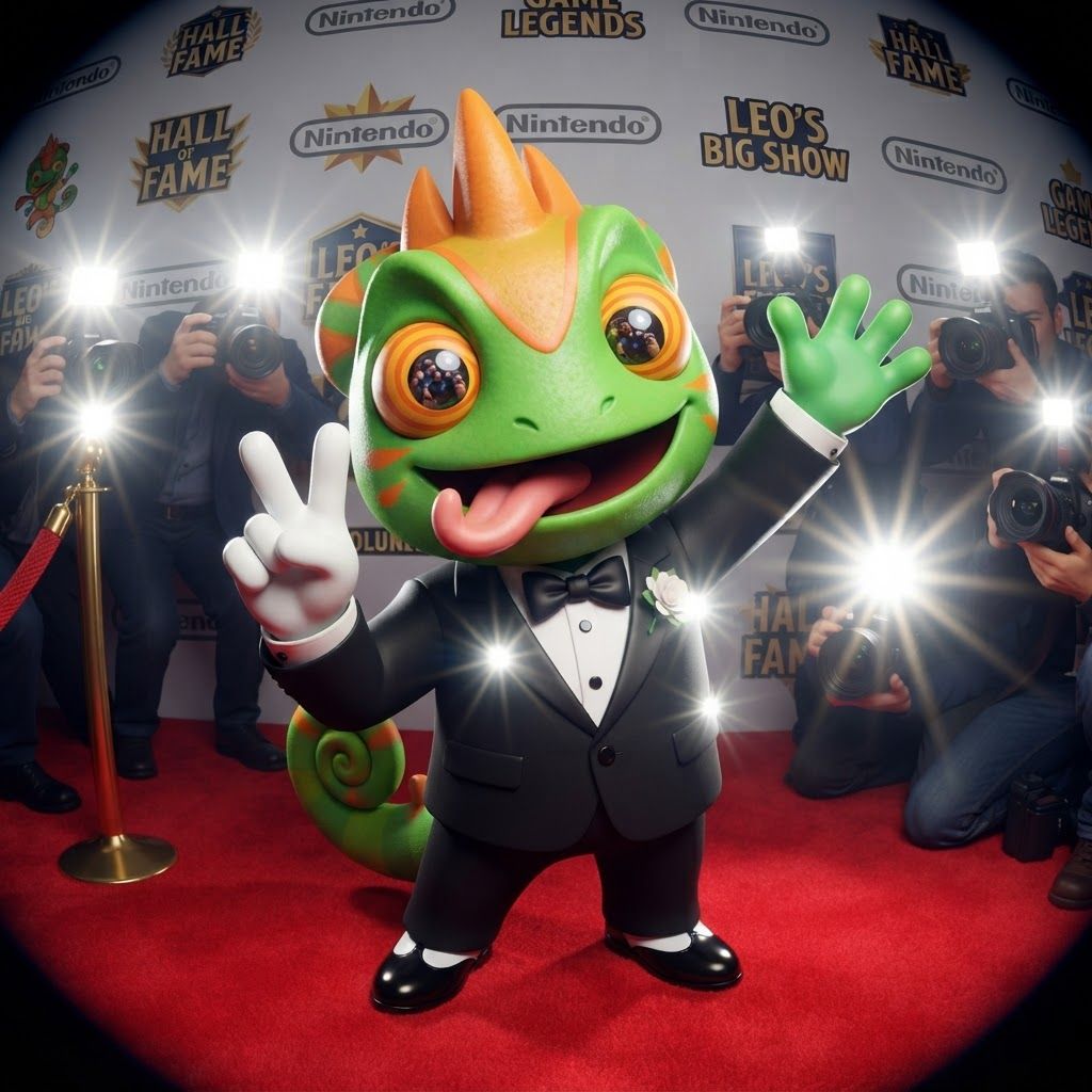 AI Design for Create a polished 3D portrait of Leo, the green-and-orange chameleon mascot from Leo & Tiny, posed like a hugely popular video game mascot at a prestigious Hall of Fame photoshoot.

Do not change Leo's recognizable overall appearance or character design. Keep his green skin, orange markings, expressive eyes, chameleon features, and natural, relatively slim mascot proportions. Avoid making him overly chunky, muscular, or blocky.

Dress Leo in a modern black-and-white tuxedo with a crisp white shirt and elegant black bow tie. Make the outfit stylish and slightly cinematic while still fitting his playful video-game character design.

Leo is facing the camera with a big cheerful smile, giving an energetic, charismatic celebrity-like pose. His tongue is playfully sticking out as if he's happily singing his signature song, while keeping the expression fun and wholesome.

Use dramatic camera flashes, subtle reflections, and a glamorous press-event atmosphere, as though dozens of photographers are taking pictures of a famous gaming mascot. Keep the early-2000s/early-2010s 3D video-game promotional aesthetic: slightly low-poly geometry, clean polygonal forms, modestly glossy materials, expressive character modeling, and polished studio lighting. Add a subtle fisheye/wide-angle lens effect for extra personality.

The final image should feel like a legendary promotional photo of a beloved video-game mascot: cool, stylish, playful, nostalgic, and instantly recognizable as Leo. And this is very important don't make him tall and Slender make him like short and stubby and happy and all that