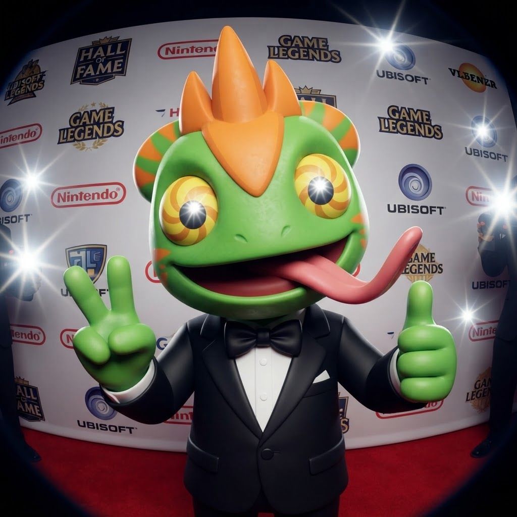 AI Design for Create a polished 3D portrait of Leo, the green-and-orange chameleon mascot from Leo & Tiny, posed like a hugely popular video game mascot at a prestigious Hall of Fame photoshoot.

Do not change Leo's recognizable overall appearance or character design. Keep his green skin, orange markings, expressive eyes, chameleon features, and natural, relatively slim mascot proportions. Avoid making him overly chunky, muscular, or blocky.

Dress Leo in a modern black-and-white tuxedo with a crisp white shirt and elegant black bow tie. Make the outfit stylish and slightly cinematic while still fitting his playful video-game character design.

Leo is facing the camera with a big cheerful smile, giving an energetic, charismatic celebrity-like pose. His tongue is playfully sticking out as if he's happily singing his signature song, while keeping the expression fun and wholesome.

Use dramatic camera flashes, subtle reflections, and a glamorous press-event atmosphere, as though dozens of photographers are taking pictures of a famous gaming mascot. Keep the early-2000s/early-2010s 3D video-game promotional aesthetic: slightly low-poly geometry, clean polygonal forms, modestly glossy materials, expressive character modeling, and polished studio lighting. Add a subtle fisheye/wide-angle lens effect for extra personality.

The final image should feel like a legendary promotional photo of a beloved video-game mascot: cool, stylish, playful, nostalgic, and instantly recognizable as Leo. And this is very important don't make him tall and Slender make him like short and stubby and happy and all that