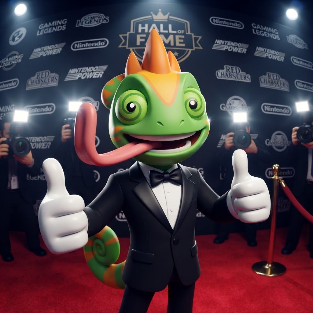 AI Design for Create a polished 3D portrait of Leo, the green-and-orange chameleon mascot from Leo & Tiny, posed like a hugely popular video game mascot at a prestigious Hall of Fame photoshoot.

Do not change Leo's recognizable overall appearance or character design. Keep his green skin, orange markings, expressive eyes, chameleon features, and natural, relatively slim mascot proportions. Avoid making him overly chunky, muscular, or blocky.

Dress Leo in a modern black-and-white tuxedo with a crisp white shirt and elegant black bow tie. Make the outfit stylish and slightly cinematic while still fitting his playful video-game character design.

Leo is facing the camera with a big cheerful smile, giving an energetic, charismatic celebrity-like pose. His tongue is playfully sticking out as if he's happily singing his signature song, while keeping the expression fun and wholesome.

Use dramatic camera flashes, subtle reflections, and a glamorous press-event atmosphere, as though dozens of photographers are taking pictures of a famous gaming mascot. Keep the early-2000s/early-2010s 3D video-game promotional aesthetic: slightly low-poly geometry, clean polygonal forms, modestly glossy materials, expressive character modeling, and polished studio lighting. Add a subtle fisheye/wide-angle lens effect for extra personality.

The final image should feel like a legendary promotional photo of a beloved video-game mascot: cool, stylish, playful, nostalgic, and instantly recognizable as Leo.