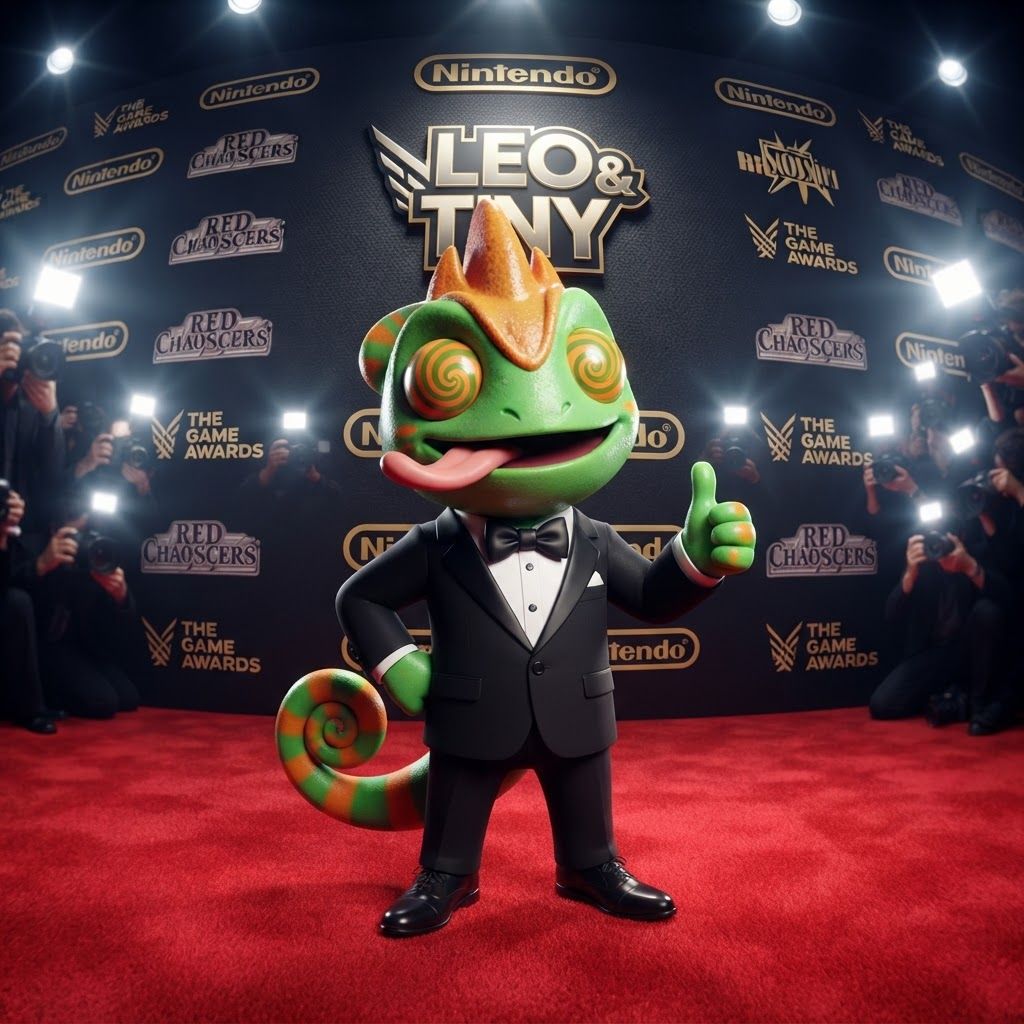 AI Design for Create a polished 3D portrait of Leo, the green-and-orange chameleon mascot from Leo & Tiny, posed like a hugely popular video game mascot at a prestigious Hall of Fame photoshoot.

Do not change Leo's recognizable overall appearance or character design. Keep his green skin, orange markings, expressive eyes, chameleon features, and natural, relatively slim mascot proportions. Avoid making him overly chunky, muscular, or blocky.

Dress Leo in a modern black-and-white tuxedo with a crisp white shirt and elegant black bow tie. Make the outfit stylish and slightly cinematic while still fitting his playful video-game character design.

Leo is facing the camera with a big cheerful smile, giving an energetic, charismatic celebrity-like pose. His tongue is playfully sticking out as if he's happily singing his signature song, while keeping the expression fun and wholesome.

Use dramatic camera flashes, subtle reflections, and a glamorous press-event atmosphere, as though dozens of photographers are taking pictures of a famous gaming mascot. Keep the early-2000s/early-2010s 3D video-game promotional aesthetic: slightly low-poly geometry, clean polygonal forms, modestly glossy materials, expressive character modeling, and polished studio lighting. Add a subtle fisheye/wide-angle lens effect for extra personality.

The final image should feel like a legendary promotional photo of a beloved video-game mascot: cool, stylish, playful, nostalgic, and instantly recognizable as Leo. And this is very important don't make him tall and Slender make him like short and stubby and happy and all that