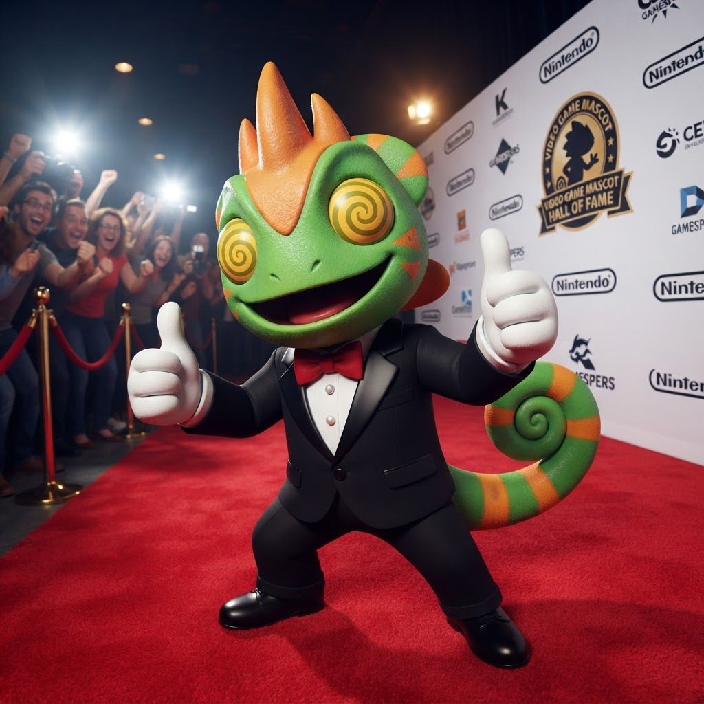 AI Design for Create an image where this chameleon character poses like these two Mario Brothers taking the exact retro style of this photo with the fisheye lens thumbs up overall happy pose posing for this sort of met gala of a famous Hall of Fame video game mascots where this chameleon here is essentially getting greeted by fans posing doing a thumbs up and a black tuxedo with with like white and a black bow tie like a red bow tie you can do you can variate between them essentially posing for the fans as you can see he has a very simple design with fun and interesting eyes cheek triangular stripes like cheek stripes acrossed three whole three small horns a back frill and three orange stripes on each of his hands but because he's wearing sleeves they get covered up he should also have a tail which is completely green swirly and then has four or distinct kind of wide chunky stripes if they're all differentiated so you have like space in between them so they don't get mutated and this make him over all happy that he is seeing all of his fans and stuff like that