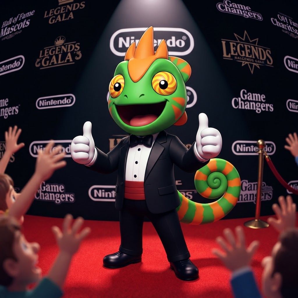 AI Design for Create an image where this chameleon character poses like these two Mario Brothers taking the exact retro style of this photo with the fisheye lens thumbs up overall happy pose posing for this sort of met gala of a famous Hall of Fame video game mascots where this chameleon here is essentially getting greeted by fans posing doing a thumbs up and a black tuxedo with with like white and a black bow tie like a red bow tie you can do you can variate between them essentially posing for the fans as you can see he has a very simple design with fun and interesting eyes cheek triangular stripes like cheek stripes acrossed three whole three small horns a back frill and three orange stripes on each of his hands but because he's wearing sleeves they get covered up he should also have a tail which is completely green swirly and then has four or distinct kind of wide chunky stripes if they're all differentiated so you have like space in between them so they don't get mutated and this make him over all happy that he is seeing all of his fans and stuff like that