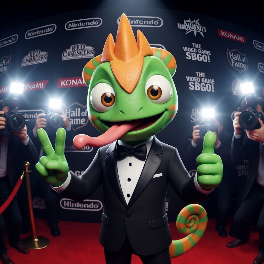 AI Design for Create a polished 3D portrait of Leo, the green-and-orange chameleon mascot from Leo & Tiny, posed like a hugely popular video game mascot at a prestigious Hall of Fame photoshoot.

Do not change Leo's recognizable overall appearance or character design. Keep his green skin, orange markings, expressive eyes, chameleon features, and natural, relatively slim mascot proportions. Avoid making him overly chunky, muscular, or blocky.

Dress Leo in a modern black-and-white tuxedo with a crisp white shirt and elegant black bow tie. Make the outfit stylish and slightly cinematic while still fitting his playful video-game character design.

Leo is facing the camera with a big cheerful smile, giving an energetic, charismatic celebrity-like pose. His tongue is playfully sticking out as if he's happily singing his signature song, while keeping the expression fun and wholesome.

Use dramatic camera flashes, subtle reflections, and a glamorous press-event atmosphere, as though dozens of photographers are taking pictures of a famous gaming mascot. Keep the early-2000s/early-2010s 3D video-game promotional aesthetic: slightly low-poly geometry, clean polygonal forms, modestly glossy materials, expressive character modeling, and polished studio lighting. Add a subtle fisheye/wide-angle lens effect for extra personality.

The final image should feel like a legendary promotional photo of a beloved video-game mascot: cool, stylish, playful, nostalgic, and instantly recognizable as Leo.