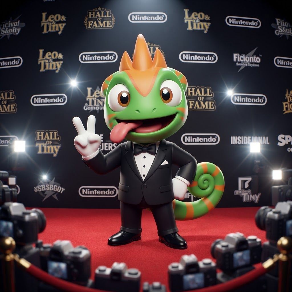 AI Design for Create a polished 3D portrait of Leo, the green-and-orange chameleon mascot from Leo & Tiny, posed like a hugely popular video game mascot at a prestigious Hall of Fame photoshoot.

Do not change Leo's recognizable overall appearance or character design. Keep his green skin, orange markings, expressive eyes, chameleon features, and natural, relatively slim mascot proportions. Avoid making him overly chunky, muscular, or blocky.

Dress Leo in a modern black-and-white tuxedo with a crisp white shirt and elegant black bow tie. Make the outfit stylish and slightly cinematic while still fitting his playful video-game character design.

Leo is facing the camera with a big cheerful smile, giving an energetic, charismatic celebrity-like pose. His tongue is playfully sticking out as if he's happily singing his signature song, while keeping the expression fun and wholesome.

Use dramatic camera flashes, subtle reflections, and a glamorous press-event atmosphere, as though dozens of photographers are taking pictures of a famous gaming mascot. Keep the early-2000s/early-2010s 3D video-game promotional aesthetic: slightly low-poly geometry, clean polygonal forms, modestly glossy materials, expressive character modeling, and polished studio lighting. Add a subtle fisheye/wide-angle lens effect for extra personality.

The final image should feel like a legendary promotional photo of a beloved video-game mascot: cool, stylish, playful, nostalgic, and instantly recognizable as Leo. And this is very important don't make him tall and Slender make him like short and stubby and happy and all that