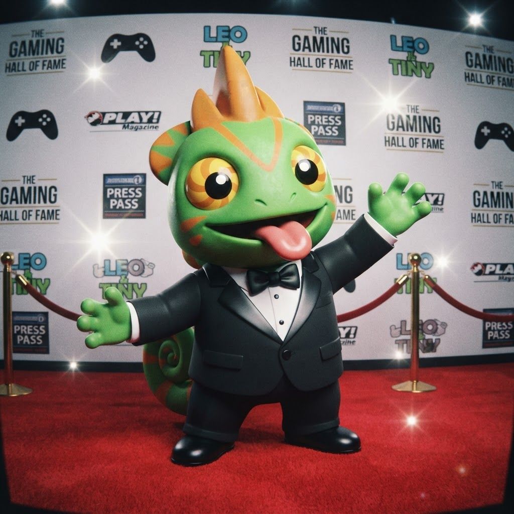 AI Design for Create a polished 3D portrait of Leo, the green-and-orange chameleon mascot from Leo & Tiny, posed like a hugely popular video game mascot at a prestigious Hall of Fame photoshoot.

Do not change Leo's recognizable overall appearance or character design. Keep his green skin, orange markings, expressive eyes, chameleon features, and natural, relatively slim mascot proportions. Avoid making him overly chunky, muscular, or blocky.

Dress Leo in a modern black-and-white tuxedo with a crisp white shirt and elegant black bow tie. Make the outfit stylish and slightly cinematic while still fitting his playful video-game character design.

Leo is facing the camera with a big cheerful smile, giving an energetic, charismatic celebrity-like pose. His tongue is playfully sticking out as if he's happily singing his signature song, while keeping the expression fun and wholesome.

Use dramatic camera flashes, subtle reflections, and a glamorous press-event atmosphere, as though dozens of photographers are taking pictures of a famous gaming mascot. Keep the early-2000s/early-2010s 3D video-game promotional aesthetic: slightly low-poly geometry, clean polygonal forms, modestly glossy materials, expressive character modeling, and polished studio lighting. Add a subtle fisheye/wide-angle lens effect for extra personality.

The final image should feel like a legendary promotional photo of a beloved video-game mascot: cool, stylish, playful, nostalgic, and instantly recognizable as Leo. And this is very important don't make him tall and Slender make him like short and stubby and happy and all that