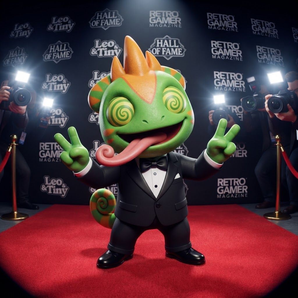 AI Design for Create a polished 3D portrait of Leo, the green-and-orange chameleon mascot from Leo & Tiny, posed like a hugely popular video game mascot at a prestigious Hall of Fame photoshoot.

Do not change Leo's recognizable overall appearance or character design. Keep his green skin, orange markings, expressive eyes, chameleon features, and natural, relatively slim mascot proportions. Avoid making him overly chunky, muscular, or blocky.

Dress Leo in a modern black-and-white tuxedo with a crisp white shirt and elegant black bow tie. Make the outfit stylish and slightly cinematic while still fitting his playful video-game character design.

Leo is facing the camera with a big cheerful smile, giving an energetic, charismatic celebrity-like pose. His tongue is playfully sticking out as if he's happily singing his signature song, while keeping the expression fun and wholesome.

Use dramatic camera flashes, subtle reflections, and a glamorous press-event atmosphere, as though dozens of photographers are taking pictures of a famous gaming mascot. Keep the early-2000s/early-2010s 3D video-game promotional aesthetic: slightly low-poly geometry, clean polygonal forms, modestly glossy materials, expressive character modeling, and polished studio lighting. Add a subtle fisheye/wide-angle lens effect for extra personality.

The final image should feel like a legendary promotional photo of a beloved video-game mascot: cool, stylish, playful, nostalgic, and instantly recognizable as Leo. And this is very important don't make him tall and Slender make him like short and stubby and happy and all that