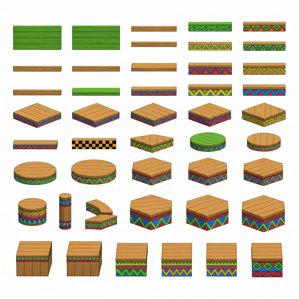 AI Design for Absolutely. Here’s a copy-paste ultimate prompt aimed specifically at getting the platform designs you’ve been describing:


---

ULTIMATE PROMPT

Create a clean character-game-asset concept sheet for a colorful 3D platformer called Leo & Tiny: Jungle Adventure.

The image should contain ONLY wooden Tiki-jungle platform designs on a pure white background. No characters, no jungle background, no scenery, no logos, no text, no environment.

The platforms should look like simple, iconic 2010s-era colorful platformer assets: playful, approachable, chunky, readable, and slightly 3D, but NOT photorealistic and NOT hyper-realistic.

ART STYLE

Bold, thick black cartoon outlines around every platform and geometric shape.

Flat, vibrant colors.

Very minimal shading.

Simple, clean 3D forms.

Slightly polished 3D game-art appearance while retaining a cartoon/vector-like aesthetic.

Strong silhouettes that would be instantly recognizable during gameplay.

No complicated textures.

No realistic wood grain.

No excessive highlights, reflections, or realistic materials.

Keep everything visually simple and game-ready.


PLATFORM DESIGNS

Create many different platform variants, arranged neatly like a game asset sheet.

Include:

Large rectangular wooden platforms.

Small rectangular platforms.

Long thin platforms.

Wide square platforms.

Circular wooden platforms.

Hexagonal platforms.

Triangular platforms.

Small pedestal platforms.

Tall cylindrical wooden pillars.

Short cylindrical platforms.

Rotating platforms.

Platforms with different thicknesses.

A few unusual geometric shapes while keeping everything simple.


The top surfaces should mostly be plain wooden planks, while the sides contain the colorful decorative patterns.

COLOR PALETTE

Use a restricted, consistent palette of:

Green, yellow, orange, red, blue, and natural warm wood brown.

Do NOT use:

Pink

Purple

Magenta

Neon pink

Purple decorations


The colors should be bright and vibrant, but not glowing.

PATTERN LANGUAGE

Decorate the platform sides with simple repeating geometric Tiki-inspired patterns.

Use combinations of:

Triangles

Diamonds

Squares

Zigzags

Horizontal stripes

Checker patterns

Simple geometric bands

Small circles

Repeating arrow shapes


Examples:

Green + yellow triangles

Orange + red diamonds

Blue + yellow squares

Green + orange zigzags

Red + yellow geometric bands

Blue + orange geometric patterns

Green + red + yellow repeating motifs


Also include small geometric symbols on some platform tops, such as a single triangle, diamond, square, circle, or simple emblem. Keep these symbols large, clean, and easy to recognize.

IMPORTANT DESIGN RULE

The patterns should not cover the entire platform.

Keep the wooden top mostly clean and use the colorful patterns primarily around the edges and sides. The decorations should make each platform recognizable without becoming visually noisy.

Make the collection feel like one unified platform system, not random objects from different games.

COMPOSITION

Arrange approximately 20–30 different platform variants on the white background with plenty of space between them.

Show:

Front/three-quarter views for most platforms.

A few top-down-ish views.

Several circular and rotating platforms.

A few tall pillar/platform combinations.


Every asset should be completely visible and separated from the others.

FINAL LOOK

Think:

colorful 3D platformer + clean cartoon illustration + bold black outlines + simple geometric Tiki patterns + 2010s game aesthetic.

It should feel like something that could actually be used as the official platform design language for a cheerful Nintendo-inspired 3D collectathon, while remaining completely original.

DO NOT make it realistic. DO NOT add a jungle scene. DO NOT add characters. DO NOT add text. DO NOT add pink or purple. DO NOT make the designs overly detailed. Prioritize clarity, simplicity, vibrant colors, bold outlines, and strong recognizable silhouettes.