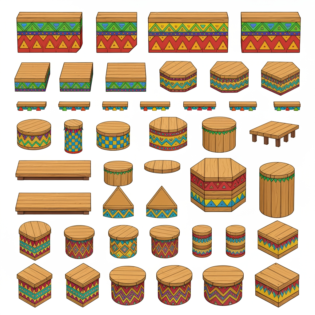 AI Design for Absolutely. Here’s a copy-paste ultimate prompt aimed specifically at getting the platform designs you’ve been describing:


---

ULTIMATE PROMPT

Create a clean character-game-asset concept sheet for a colorful 3D platformer called Leo & Tiny: Jungle Adventure.

The image should contain ONLY wooden Tiki-jungle platform designs on a pure white background. No characters, no jungle background, no scenery, no logos, no text, no environment.

The platforms should look like simple, iconic 2010s-era colorful platformer assets: playful, approachable, chunky, readable, and slightly 3D, but NOT photorealistic and NOT hyper-realistic.

ART STYLE

Bold, thick black cartoon outlines around every platform and geometric shape.

Flat, vibrant colors.

Very minimal shading.

Simple, clean 3D forms.

Slightly polished 3D game-art appearance while retaining a cartoon/vector-like aesthetic.

Strong silhouettes that would be instantly recognizable during gameplay.

No complicated textures.

No realistic wood grain.

No excessive highlights, reflections, or realistic materials.

Keep everything visually simple and game-ready.


PLATFORM DESIGNS

Create many different platform variants, arranged neatly like a game asset sheet.

Include:

Large rectangular wooden platforms.

Small rectangular platforms.

Long thin platforms.

Wide square platforms.

Circular wooden platforms.

Hexagonal platforms.

Triangular platforms.

Small pedestal platforms.

Tall cylindrical wooden pillars.

Short cylindrical platforms.

Rotating platforms.

Platforms with different thicknesses.

A few unusual geometric shapes while keeping everything simple.


The top surfaces should mostly be plain wooden planks, while the sides contain the colorful decorative patterns.

COLOR PALETTE

Use a restricted, consistent palette of:

Green, yellow, orange, red, blue, and natural warm wood brown.

Do NOT use:

Pink

Purple

Magenta

Neon pink

Purple decorations


The colors should be bright and vibrant, but not glowing.

PATTERN LANGUAGE

Decorate the platform sides with simple repeating geometric Tiki-inspired patterns.

Use combinations of:

Triangles

Diamonds

Squares

Zigzags

Horizontal stripes

Checker patterns

Simple geometric bands

Small circles

Repeating arrow shapes


Examples:

Green + yellow triangles

Orange + red diamonds

Blue + yellow squares

Green + orange zigzags

Red + yellow geometric bands

Blue + orange geometric patterns

Green + red + yellow repeating motifs


Also include small geometric symbols on some platform tops, such as a single triangle, diamond, square, circle, or simple emblem. Keep these symbols large, clean, and easy to recognize.

IMPORTANT DESIGN RULE

The patterns should not cover the entire platform.

Keep the wooden top mostly clean and use the colorful patterns primarily around the edges and sides. The decorations should make each platform recognizable without becoming visually noisy.

Make the collection feel like one unified platform system, not random objects from different games.

COMPOSITION

Arrange approximately 20–30 different platform variants on the white background with plenty of space between them.

Show:

Front/three-quarter views for most platforms.

A few top-down-ish views.

Several circular and rotating platforms.

A few tall pillar/platform combinations.


Every asset should be completely visible and separated from the others.

FINAL LOOK

Think:

colorful 3D platformer + clean cartoon illustration + bold black outlines + simple geometric Tiki patterns + 2010s game aesthetic.

It should feel like something that could actually be used as the official platform design language for a cheerful Nintendo-inspired 3D collectathon, while remaining completely original.

DO NOT make it realistic. DO NOT add a jungle scene. DO NOT add characters. DO NOT add text. DO NOT add pink or purple. DO NOT make the designs overly detailed. Prioritize clarity, simplicity, vibrant colors, bold outlines, and strong recognizable silhouettes.