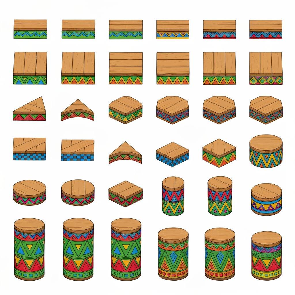 AI Design for Absolutely. Here’s a copy-paste ultimate prompt aimed specifically at getting the platform designs you’ve been describing:


---

ULTIMATE PROMPT

Create a clean character-game-asset concept sheet for a colorful 3D platformer called Leo & Tiny: Jungle Adventure.

The image should contain ONLY wooden Tiki-jungle platform designs on a pure white background. No characters, no jungle background, no scenery, no logos, no text, no environment.

The platforms should look like simple, iconic 2010s-era colorful platformer assets: playful, approachable, chunky, readable, and slightly 3D, but NOT photorealistic and NOT hyper-realistic.

ART STYLE

Bold, thick black cartoon outlines around every platform and geometric shape.

Flat, vibrant colors.

Very minimal shading.

Simple, clean 3D forms.

Slightly polished 3D game-art appearance while retaining a cartoon/vector-like aesthetic.

Strong silhouettes that would be instantly recognizable during gameplay.

No complicated textures.

No realistic wood grain.

No excessive highlights, reflections, or realistic materials.

Keep everything visually simple and game-ready.


PLATFORM DESIGNS

Create many different platform variants, arranged neatly like a game asset sheet.

Include:

Large rectangular wooden platforms.

Small rectangular platforms.

Long thin platforms.

Wide square platforms.

Circular wooden platforms.

Hexagonal platforms.

Triangular platforms.

Small pedestal platforms.

Tall cylindrical wooden pillars.

Short cylindrical platforms.

Rotating platforms.

Platforms with different thicknesses.

A few unusual geometric shapes while keeping everything simple.


The top surfaces should mostly be plain wooden planks, while the sides contain the colorful decorative patterns.

COLOR PALETTE

Use a restricted, consistent palette of:

Green, yellow, orange, red, blue, and natural warm wood brown.

Do NOT use:

Pink

Purple

Magenta

Neon pink

Purple decorations


The colors should be bright and vibrant, but not glowing.

PATTERN LANGUAGE

Decorate the platform sides with simple repeating geometric Tiki-inspired patterns.

Use combinations of:

Triangles

Diamonds

Squares

Zigzags

Horizontal stripes

Checker patterns

Simple geometric bands

Small circles

Repeating arrow shapes


Examples:

Green + yellow triangles

Orange + red diamonds

Blue + yellow squares

Green + orange zigzags

Red + yellow geometric bands

Blue + orange geometric patterns

Green + red + yellow repeating motifs


Also include small geometric symbols on some platform tops, such as a single triangle, diamond, square, circle, or simple emblem. Keep these symbols large, clean, and easy to recognize.

IMPORTANT DESIGN RULE

The patterns should not cover the entire platform.

Keep the wooden top mostly clean and use the colorful patterns primarily around the edges and sides. The decorations should make each platform recognizable without becoming visually noisy.

Make the collection feel like one unified platform system, not random objects from different games.

COMPOSITION

Arrange approximately 20–30 different platform variants on the white background with plenty of space between them.

Show:

Front/three-quarter views for most platforms.

A few top-down-ish views.

Several circular and rotating platforms.

A few tall pillar/platform combinations.


Every asset should be completely visible and separated from the others.

FINAL LOOK

Think:

colorful 3D platformer + clean cartoon illustration + bold black outlines + simple geometric Tiki patterns + 2010s game aesthetic.

It should feel like something that could actually be used as the official platform design language for a cheerful Nintendo-inspired 3D collectathon, while remaining completely original.

DO NOT make it realistic. DO NOT add a jungle scene. DO NOT add characters. DO NOT add text. DO NOT add pink or purple. DO NOT make the designs overly detailed. Prioritize clarity, simplicity, vibrant colors, bold outlines, and strong recognizable silhouettes.