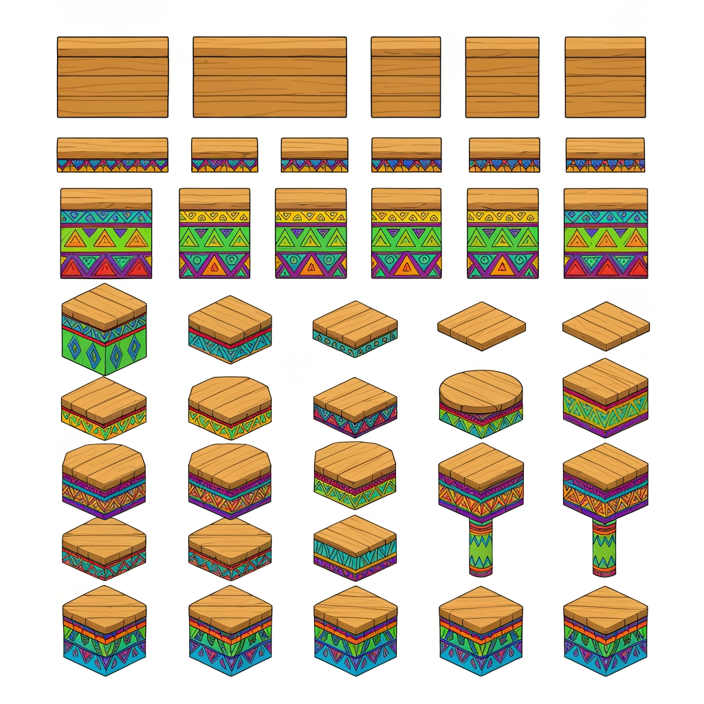 AI Design for Absolutely. Here’s a copy-paste ultimate prompt aimed specifically at getting the platform designs you’ve been describing:


---

ULTIMATE PROMPT

Create a clean character-game-asset concept sheet for a colorful 3D platformer called Leo & Tiny: Jungle Adventure.

The image should contain ONLY wooden Tiki-jungle platform designs on a pure white background. No characters, no jungle background, no scenery, no logos, no text, no environment.

The platforms should look like simple, iconic 2010s-era colorful platformer assets: playful, approachable, chunky, readable, and slightly 3D, but NOT photorealistic and NOT hyper-realistic.

ART STYLE

Bold, thick black cartoon outlines around every platform and geometric shape.

Flat, vibrant colors.

Very minimal shading.

Simple, clean 3D forms.

Slightly polished 3D game-art appearance while retaining a cartoon/vector-like aesthetic.

Strong silhouettes that would be instantly recognizable during gameplay.

No complicated textures.

No realistic wood grain.

No excessive highlights, reflections, or realistic materials.

Keep everything visually simple and game-ready.


PLATFORM DESIGNS

Create many different platform variants, arranged neatly like a game asset sheet.

Include:

Large rectangular wooden platforms.

Small rectangular platforms.

Long thin platforms.

Wide square platforms.

Circular wooden platforms.

Hexagonal platforms.

Triangular platforms.

Small pedestal platforms.

Tall cylindrical wooden pillars.

Short cylindrical platforms.

Rotating platforms.

Platforms with different thicknesses.

A few unusual geometric shapes while keeping everything simple.


The top surfaces should mostly be plain wooden planks, while the sides contain the colorful decorative patterns.

COLOR PALETTE

Use a restricted, consistent palette of:

Green, yellow, orange, red, blue, and natural warm wood brown.

Do NOT use:

Pink

Purple

Magenta

Neon pink

Purple decorations


The colors should be bright and vibrant, but not glowing.

PATTERN LANGUAGE

Decorate the platform sides with simple repeating geometric Tiki-inspired patterns.

Use combinations of:

Triangles

Diamonds

Squares

Zigzags

Horizontal stripes

Checker patterns

Simple geometric bands

Small circles

Repeating arrow shapes


Examples:

Green + yellow triangles

Orange + red diamonds

Blue + yellow squares

Green + orange zigzags

Red + yellow geometric bands

Blue + orange geometric patterns

Green + red + yellow repeating motifs


Also include small geometric symbols on some platform tops, such as a single triangle, diamond, square, circle, or simple emblem. Keep these symbols large, clean, and easy to recognize.

IMPORTANT DESIGN RULE

The patterns should not cover the entire platform.

Keep the wooden top mostly clean and use the colorful patterns primarily around the edges and sides. The decorations should make each platform recognizable without becoming visually noisy.

Make the collection feel like one unified platform system, not random objects from different games.

COMPOSITION

Arrange approximately 20–30 different platform variants on the white background with plenty of space between them.

Show:

Front/three-quarter views for most platforms.

A few top-down-ish views.

Several circular and rotating platforms.

A few tall pillar/platform combinations.


Every asset should be completely visible and separated from the others.

FINAL LOOK

Think:

colorful 3D platformer + clean cartoon illustration + bold black outlines + simple geometric Tiki patterns + 2010s game aesthetic.

It should feel like something that could actually be used as the official platform design language for a cheerful Nintendo-inspired 3D collectathon, while remaining completely original.

DO NOT make it realistic. DO NOT add a jungle scene. DO NOT add characters. DO NOT add text. DO NOT add pink or purple. DO NOT make the designs overly detailed. Prioritize clarity, simplicity, vibrant colors, bold outlines, and strong recognizable silhouettes.