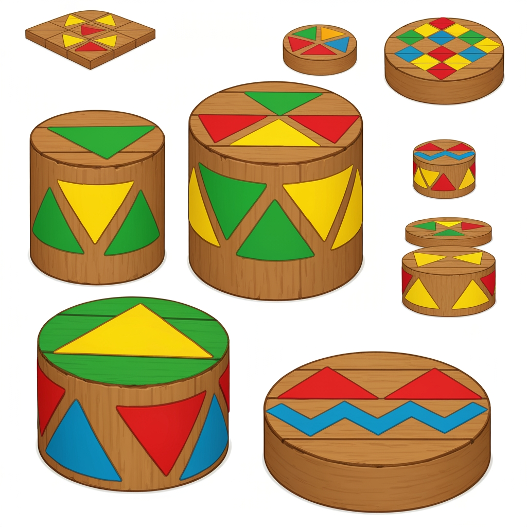 AI Design for Create game like assets for wooden platforms with simple vibrant colors nice textures readable clear distinct and iconic for wooden platforms that have designs that include colored shapes such as yellow triangles green red blue orange triangles squares any shape goind in a oattern zigzag or others off fitting to make nice textures and and I repeat do not include any pink purple magenta and cyan in the patterns make them cool interesting recognizable fun distinct design wooden platforms that look like video game platforms that have patterns in our cool colorful have nice patterns like combinations green yellow and red really featuring Red as the main color so it's still on a wooden plate green yellow as it's accent triangle color and red is simply a line color and orange and then having a blue zigzag everywhere and then having stuff like yellow main and orange squares green red yellow blue red blue orange stuff like that on platforms that are suited have like not crates yet like a platforms yeah you would then have like those you would have the platforms that are kind of more circular they're notlike like tall you're kind of like short in a sense where what I mean by describing short is not too tall they're not very thick so it's from that add those patterns don't include purple pink cyan or colors like so and design some interesting ideas like maybe a longer ones that are kind of like sticks and they have like a center point that spins and a size from that thank you and take your time