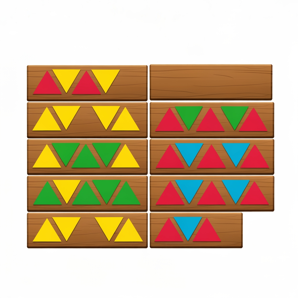 AI Design for Create game like assets for wooden platforms with simple vibrant colors nice textures readable clear distinct and iconic for wooden platforms that have designs that include colored shapes such as yellow triangles green red blue orange triangles squares any shape goind in a oattern zigzag or others off fitting to make nice textures and and I repeat do not include any pink purple magenta and cyan in the patterns make them cool interesting recognizable fun distinct
