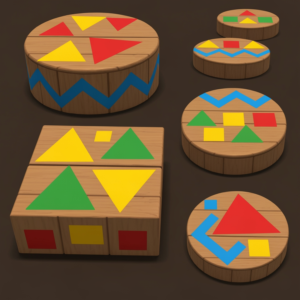 AI Design for Create game like assets for wooden platforms with simple vibrant colors nice textures readable clear distinct and iconic for wooden platforms that have designs that include colored shapes such as yellow triangles green red blue orange triangles squares any shape goind in a oattern zigzag or others off fitting to make nice textures and and I repeat do not include any pink purple magenta and cyan in the patterns make them cool interesting recognizable fun distinct design wooden platforms that look like video game platforms that have patterns in our cool colorful have nice patterns like combinations green yellow and red really featuring Red as the main color so it's still on a wooden plate green yellow as it's accent triangle color and red is simply a line color and orange and then having a blue zigzag everywhere and then having stuff like yellow main and orange squares green red yellow blue red blue orange stuff like that on platforms that are suited have like not crates yet like a platforms yeah you would then have like those you would have the platforms that are kind of more circular they're notlike like tall you're kind of like short in a sense where what I mean by describing short is not too tall they're not very thick so it's from that add those patterns don't include purple pink cyan or colors like so and design some interesting ideas like maybe a longer ones that are kind of like sticks and they have like a center point that spins and a size from that thank you and take your time