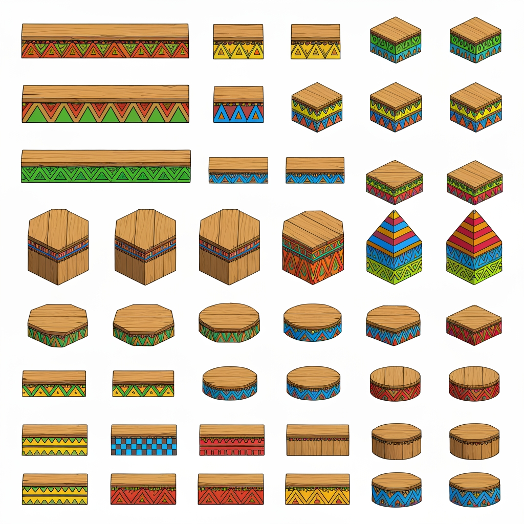 AI Design for Absolutely. Here’s a copy-paste ultimate prompt aimed specifically at getting the platform designs you’ve been describing:


---

ULTIMATE PROMPT

Create a clean character-game-asset concept sheet for a colorful 3D platformer called Leo & Tiny: Jungle Adventure.

The image should contain ONLY wooden Tiki-jungle platform designs on a pure white background. No characters, no jungle background, no scenery, no logos, no text, no environment.

The platforms should look like simple, iconic 2010s-era colorful platformer assets: playful, approachable, chunky, readable, and slightly 3D, but NOT photorealistic and NOT hyper-realistic.

ART STYLE

Bold, thick black cartoon outlines around every platform and geometric shape.

Flat, vibrant colors.

Very minimal shading.

Simple, clean 3D forms.

Slightly polished 3D game-art appearance while retaining a cartoon/vector-like aesthetic.

Strong silhouettes that would be instantly recognizable during gameplay.

No complicated textures.

No realistic wood grain.

No excessive highlights, reflections, or realistic materials.

Keep everything visually simple and game-ready.


PLATFORM DESIGNS

Create many different platform variants, arranged neatly like a game asset sheet.

Include:

Large rectangular wooden platforms.

Small rectangular platforms.

Long thin platforms.

Wide square platforms.

Circular wooden platforms.

Hexagonal platforms.

Triangular platforms.

Small pedestal platforms.

Tall cylindrical wooden pillars.

Short cylindrical platforms.

Rotating platforms.

Platforms with different thicknesses.

A few unusual geometric shapes while keeping everything simple.


The top surfaces should mostly be plain wooden planks, while the sides contain the colorful decorative patterns.

COLOR PALETTE

Use a restricted, consistent palette of:

Green, yellow, orange, red, blue, and natural warm wood brown.

Do NOT use:

Pink

Purple

Magenta

Neon pink

Purple decorations


The colors should be bright and vibrant, but not glowing.

PATTERN LANGUAGE

Decorate the platform sides with simple repeating geometric Tiki-inspired patterns.

Use combinations of:

Triangles

Diamonds

Squares

Zigzags

Horizontal stripes

Checker patterns

Simple geometric bands

Small circles

Repeating arrow shapes


Examples:

Green + yellow triangles

Orange + red diamonds

Blue + yellow squares

Green + orange zigzags

Red + yellow geometric bands

Blue + orange geometric patterns

Green + red + yellow repeating motifs


Also include small geometric symbols on some platform tops, such as a single triangle, diamond, square, circle, or simple emblem. Keep these symbols large, clean, and easy to recognize.

IMPORTANT DESIGN RULE

The patterns should not cover the entire platform.

Keep the wooden top mostly clean and use the colorful patterns primarily around the edges and sides. The decorations should make each platform recognizable without becoming visually noisy.

Make the collection feel like one unified platform system, not random objects from different games.

COMPOSITION

Arrange approximately 20–30 different platform variants on the white background with plenty of space between them.

Show:

Front/three-quarter views for most platforms.

A few top-down-ish views.

Several circular and rotating platforms.

A few tall pillar/platform combinations.


Every asset should be completely visible and separated from the others.

FINAL LOOK

Think:

colorful 3D platformer + clean cartoon illustration + bold black outlines + simple geometric Tiki patterns + 2010s game aesthetic.

It should feel like something that could actually be used as the official platform design language for a cheerful Nintendo-inspired 3D collectathon, while remaining completely original.

DO NOT make it realistic. DO NOT add a jungle scene. DO NOT add characters. DO NOT add text. DO NOT add pink or purple. DO NOT make the designs overly detailed. Prioritize clarity, simplicity, vibrant colors, bold outlines, and strong recognizable silhouettes.
