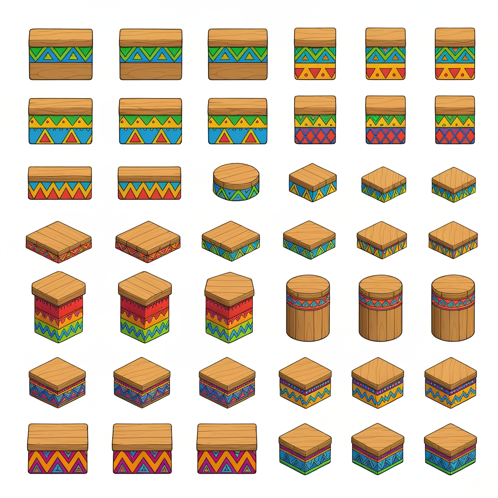 AI Design for Absolutely. Here’s a copy-paste ultimate prompt aimed specifically at getting the platform designs you’ve been describing:


---

ULTIMATE PROMPT

Create a clean character-game-asset concept sheet for a colorful 3D platformer called Leo & Tiny: Jungle Adventure.

The image should contain ONLY wooden Tiki-jungle platform designs on a pure white background. No characters, no jungle background, no scenery, no logos, no text, no environment.

The platforms should look like simple, iconic 2010s-era colorful platformer assets: playful, approachable, chunky, readable, and slightly 3D, but NOT photorealistic and NOT hyper-realistic.

ART STYLE

Bold, thick black cartoon outlines around every platform and geometric shape.

Flat, vibrant colors.

Very minimal shading.

Simple, clean 3D forms.

Slightly polished 3D game-art appearance while retaining a cartoon/vector-like aesthetic.

Strong silhouettes that would be instantly recognizable during gameplay.

No complicated textures.

No realistic wood grain.

No excessive highlights, reflections, or realistic materials.

Keep everything visually simple and game-ready.


PLATFORM DESIGNS

Create many different platform variants, arranged neatly like a game asset sheet.

Include:

Large rectangular wooden platforms.

Small rectangular platforms.

Long thin platforms.

Wide square platforms.

Circular wooden platforms.

Hexagonal platforms.

Triangular platforms.

Small pedestal platforms.

Tall cylindrical wooden pillars.

Short cylindrical platforms.

Rotating platforms.

Platforms with different thicknesses.

A few unusual geometric shapes while keeping everything simple.


The top surfaces should mostly be plain wooden planks, while the sides contain the colorful decorative patterns.

COLOR PALETTE

Use a restricted, consistent palette of:

Green, yellow, orange, red, blue, and natural warm wood brown.

Do NOT use:

Pink

Purple

Magenta

Neon pink

Purple decorations


The colors should be bright and vibrant, but not glowing.

PATTERN LANGUAGE

Decorate the platform sides with simple repeating geometric Tiki-inspired patterns.

Use combinations of:

Triangles

Diamonds

Squares

Zigzags

Horizontal stripes

Checker patterns

Simple geometric bands

Small circles

Repeating arrow shapes


Examples:

Green + yellow triangles

Orange + red diamonds

Blue + yellow squares

Green + orange zigzags

Red + yellow geometric bands

Blue + orange geometric patterns

Green + red + yellow repeating motifs


Also include small geometric symbols on some platform tops, such as a single triangle, diamond, square, circle, or simple emblem. Keep these symbols large, clean, and easy to recognize.

IMPORTANT DESIGN RULE

The patterns should not cover the entire platform.

Keep the wooden top mostly clean and use the colorful patterns primarily around the edges and sides. The decorations should make each platform recognizable without becoming visually noisy.

Make the collection feel like one unified platform system, not random objects from different games.

COMPOSITION

Arrange approximately 20–30 different platform variants on the white background with plenty of space between them.

Show:

Front/three-quarter views for most platforms.

A few top-down-ish views.

Several circular and rotating platforms.

A few tall pillar/platform combinations.


Every asset should be completely visible and separated from the others.

FINAL LOOK

Think:

colorful 3D platformer + clean cartoon illustration + bold black outlines + simple geometric Tiki patterns + 2010s game aesthetic.

It should feel like something that could actually be used as the official platform design language for a cheerful Nintendo-inspired 3D collectathon, while remaining completely original.

DO NOT make it realistic. DO NOT add a jungle scene. DO NOT add characters. DO NOT add text. DO NOT add pink or purple. DO NOT make the designs overly detailed. Prioritize clarity, simplicity, vibrant colors, bold outlines, and strong recognizable silhouettes.