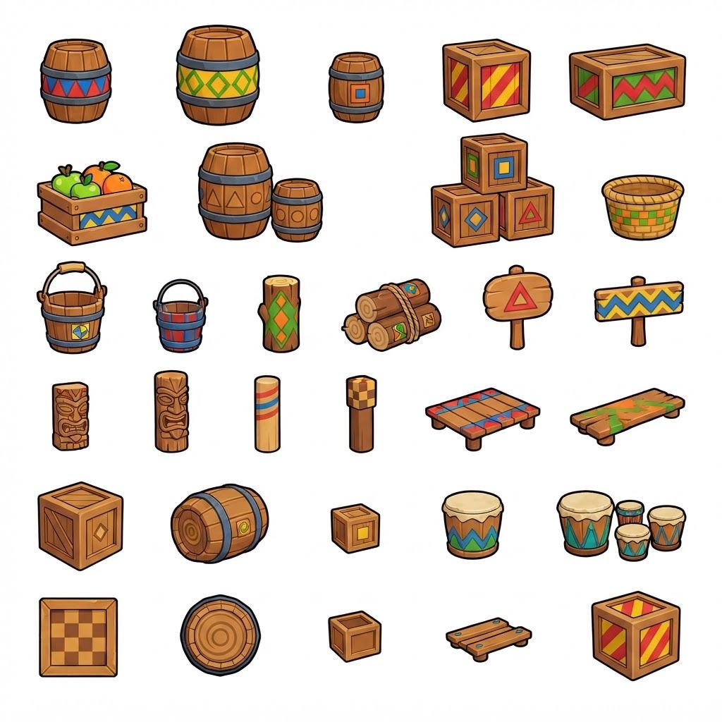 AI Design for Absolutely 😭 No image—just the prompt. And I'll keep the exact same design rules we established for the platforms.
ULTIMATE PROMPT — TIKI JUNGLE PROPS
Create a clean game-asset concept sheet for a colorful 3D platformer called Leo & Tiny: Jungle Adventure, showing a collection of Tiki Jungle environmental props on a completely pure white background.
Include only the props, with no characters, no jungle scenery, no environment, no logos, and no text.
The props should follow the exact same visual design language as the game's wooden platforms: simple, colorful, iconic, slightly 3D, playful, and highly readable.
ART STYLE
Bold, thick black cartoon outlines around every object.
Vibrant, simple colors.
Minimal shading.
Slightly dimensional 3D appearance, but NOT realistic.
Clean, polished 2010s-style colorful platformer aesthetic.
Chunky, rounded shapes.
Simple silhouettes that are instantly recognizable during gameplay.
No realistic wood grain.
No hyper-realistic materials.
No excessive reflections, textures, or tiny details.
COLOR PALETTE
Use the same restricted Tiki Jungle palette:
Green, yellow, orange, red, blue, and warm natural wood brown.
Absolutely avoid pink and purple.
The colors should be bright and saturated without glowing.
PROPS TO INCLUDE
Create many variations of:
🪵 Wooden barrels
📦 Wooden crates
🥭 Fruit crates
🪵 Small wooden boxes
🪣 Wooden buckets
🧺 Simple woven baskets
🪧 Small wooden signs
🪵 Stacked crates
🛢️ Large wooden storage barrels
🪵 Short wooden logs used as decorative objects
🗿 Small Tiki-themed decorative objects
🌴 Simple wooden posts
🪵 Wooden bridges/short plank sections
📦 Crates with different geometric markings
🪘 Simple wooden drums
Keep every object simple enough that it could actually be used inside a 3D platformer level.
GEOMETRIC PATTERN LANGUAGE
Use the same geometric Tiki patterns as the platforms.
Decorate the sides of barrels, crates, signs, baskets, and other wooden objects with:
Triangles
Diamonds
Squares
Circles
Zigzags
Checker patterns
Simple stripes
Repeating geometric bands
Use combinations such as:
yellow + green triangles
red + blue triangles
red + yellow diamonds
red + green patterns
yellow + blue squares
orange + blue zigzags
green + orange geometric bands
The patterns should be bold and simple, not intricate tribal artwork.
Some objects should have only one small geometric emblem, while others can have a repeating pattern around their sides.
IMPORTANT
The decorations should not completely cover the objects.
Keep plenty of the natural wooden surface visible.
The props should feel like they belong to the same manufactured set as the colorful wooden platforms.
For example, a crate should immediately look like it belongs beside one of the game's wooden platforms.
COMPOSITION
Arrange approximately 20–30 different props neatly across the white background like a professional game-development asset sheet.
Include:
Individual objects
Small stacked groups
Different barrel sizes
Different crate shapes
A few rotated objects
A few front/three-quarter views
A few top-down-ish views
Leave enough space between every object so each design is clearly visible.
FINAL VISUAL GOAL
The result should look like:
Colorful 3D platformer props + bold cartoon outlines + simple geometric Tiki patterns + vibrant flat colors + minimal shading + clean game-asset presentation.
The props should feel iconic, playful, kid-friendly, and immediately readable, matching the Leo & Tiny Tiki Jungle platform designs.
NO pink. NO purple. NO characters. NO scenery. NO realistic textures. NO hyper-realism. NO excessive detail. NO complicated patterns. NO text. Use the prompt bars imagery as inspiration for the patterns of the barrels crates and such
