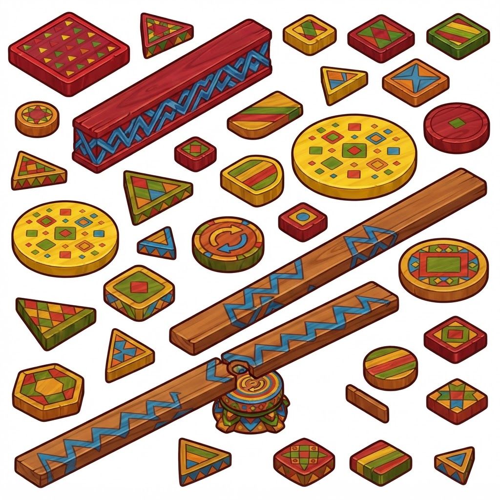 AI Design for Create game like assets for wooden platforms with simple vibrant colors nice textures readable clear distinct and iconic for wooden platforms that have designs that include colored shapes such as yellow triangles green red blue orange triangles squares any shape goind in a oattern zigzag or others off fitting to make nice textures and and I repeat do not include any pink purple magenta and cyan in the patterns make them cool interesting recognizable fun distinct design wooden platforms that look like video game platforms that have patterns in our cool colorful have nice patterns like combinations green yellow and red really featuring Red as the main color so it's still on a wooden plate green yellow as it's accent triangle color and red is simply a line color and orange and then having a blue zigzag everywhere and then having stuff like yellow main and orange squares green red yellow blue red blue orange stuff like that on platforms that are suited have like not crates yet like a platforms yeah you would then have like those you would have the platforms that are kind of more circular they're notlike like tall you're kind of like short in a sense where what I mean by describing short is not too tall they're not very thick so it's from that add those patterns don't include purple pink cyan or colors like so and design some interesting ideas like maybe a longer ones that are kind of like sticks and they have like a center point that spins and a size from that thank you and take your time sort of like the images on the prompt bar with your take on the approach