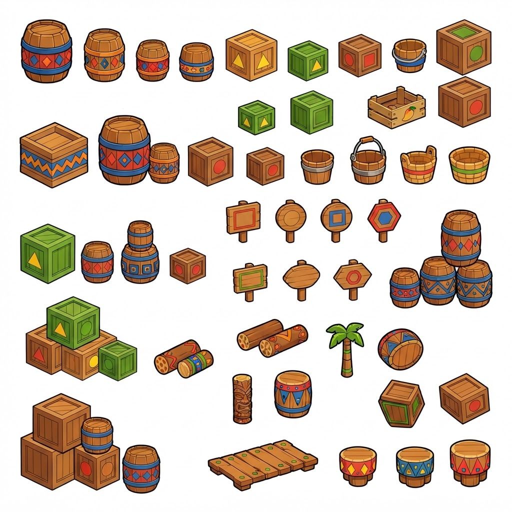 AI Design for Absolutely 😭 No image—just the prompt. And I'll keep the exact same design rules we established for the platforms.
ULTIMATE PROMPT — TIKI JUNGLE PROPS
Create a clean game-asset concept sheet for a colorful 3D platformer called Leo & Tiny: Jungle Adventure, showing a collection of Tiki Jungle environmental props on a completely pure white background.
Include only the props, with no characters, no jungle scenery, no environment, no logos, and no text.
The props should follow the exact same visual design language as the game's wooden platforms: simple, colorful, iconic, slightly 3D, playful, and highly readable.
ART STYLE
Bold, thick black cartoon outlines around every object.
Vibrant, simple colors.
Minimal shading.
Slightly dimensional 3D appearance, but NOT realistic.
Clean, polished 2010s-style colorful platformer aesthetic.
Chunky, rounded shapes.
Simple silhouettes that are instantly recognizable during gameplay.
No realistic wood grain.
No hyper-realistic materials.
No excessive reflections, textures, or tiny details.
COLOR PALETTE
Use the same restricted Tiki Jungle palette:
Green, yellow, orange, red, blue, and warm natural wood brown.
Absolutely avoid pink and purple.
The colors should be bright and saturated without glowing.
PROPS TO INCLUDE
Create many variations of:
🪵 Wooden barrels
📦 Wooden crates
🥭 Fruit crates
🪵 Small wooden boxes
🪣 Wooden buckets
🧺 Simple woven baskets
🪧 Small wooden signs
🪵 Stacked crates
🛢️ Large wooden storage barrels
🪵 Short wooden logs used as decorative objects
🗿 Small Tiki-themed decorative objects
🌴 Simple wooden posts
🪵 Wooden bridges/short plank sections
📦 Crates with different geometric markings
🪘 Simple wooden drums
Keep every object simple enough that it could actually be used inside a 3D platformer level.
GEOMETRIC PATTERN LANGUAGE
Use the same geometric Tiki patterns as the platforms.
Decorate the sides of barrels, crates, signs, baskets, and other wooden objects with:
Triangles
Diamonds
Squares
Circles
Zigzags
Checker patterns
Simple stripes
Repeating geometric bands
Use combinations such as:
yellow + green triangles
red + blue triangles
red + yellow diamonds
red + green patterns
yellow + blue squares
orange + blue zigzags
green + orange geometric bands
The patterns should be bold and simple, not intricate tribal artwork.
Some objects should have only one small geometric emblem, while others can have a repeating pattern around their sides.
IMPORTANT
The decorations should not completely cover the objects.
Keep plenty of the natural wooden surface visible.
The props should feel like they belong to the same manufactured set as the colorful wooden platforms.
For example, a crate should immediately look like it belongs beside one of the game's wooden platforms.
COMPOSITION
Arrange approximately 20–30 different props neatly across the white background like a professional game-development asset sheet.
Include:
Individual objects
Small stacked groups
Different barrel sizes
Different crate shapes
A few rotated objects
A few front/three-quarter views
A few top-down-ish views
Leave enough space between every object so each design is clearly visible.
FINAL VISUAL GOAL
The result should look like:
Colorful 3D platformer props + bold cartoon outlines + simple geometric Tiki patterns + vibrant flat colors + minimal shading + clean game-asset presentation.
The props should feel iconic, playful, kid-friendly, and immediately readable, matching the Leo & Tiny Tiki Jungle platform designs.
NO pink. NO purple. NO characters. NO scenery. NO realistic textures. NO hyper-realism. NO excessive detail. NO complicated patterns. NO text. Use the prompt bars imagery as inspiration for the patterns of the barrels crates and such