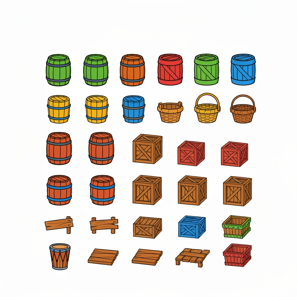 AI Design for Absolutely 😭 No image—just the prompt. And I'll keep the exact same design rules we established for the platforms.
ULTIMATE PROMPT — TIKI JUNGLE PROPS
Create a clean game-asset concept sheet for a colorful 3D platformer called Leo & Tiny: Jungle Adventure, showing a collection of Tiki Jungle environmental props on a completely pure white background.
Include only the props, with no characters, no jungle scenery, no environment, no logos, and no text.
The props should follow the exact same visual design language as the game's wooden platforms: simple, colorful, iconic, slightly 3D, playful, and highly readable.
ART STYLE
Bold, thick black cartoon outlines around every object.
Vibrant, simple colors.
Minimal shading.
Slightly dimensional 3D appearance, but NOT realistic.
Clean, polished 2010s-style colorful platformer aesthetic.
Chunky, rounded shapes.
Simple silhouettes that are instantly recognizable during gameplay.
No realistic wood grain.
No hyper-realistic materials.
No excessive reflections, textures, or tiny details.
COLOR PALETTE
Use the same restricted Tiki Jungle palette:
Green, yellow, orange, red, blue, and warm natural wood brown.
Absolutely avoid pink and purple.
The colors should be bright and saturated without glowing.
PROPS TO INCLUDE
Create many variations of:
🪵 Wooden barrels
📦 Wooden crates
🥭 Fruit crates
🪵 Small wooden boxes
🪣 Wooden buckets
🧺 Simple woven baskets
🪧 Small wooden signs
🪵 Stacked crates
🛢️ Large wooden storage barrels
🪵 Short wooden logs used as decorative objects
🗿 Small Tiki-themed decorative objects
🌴 Simple wooden posts
🪵 Wooden bridges/short plank sections
📦 Crates with different geometric markings
🪘 Simple wooden drums
Keep every object simple enough that it could actually be used inside a 3D platformer level.
GEOMETRIC PATTERN LANGUAGE
Use the same geometric Tiki patterns as the platforms.
Decorate the sides of barrels, crates, signs, baskets, and other wooden objects with:
Triangles
Diamonds
Squares
Circles
Zigzags
Checker patterns
Simple stripes
Repeating geometric bands
Use combinations such as:
yellow + green triangles
red + blue triangles
red + yellow diamonds
red + green patterns
yellow + blue squares
orange + blue zigzags
green + orange geometric bands
The patterns should be bold and simple, not intricate tribal artwork.
Some objects should have only one small geometric emblem, while others can have a repeating pattern around their sides.
IMPORTANT
The decorations should not completely cover the objects.
Keep plenty of the natural wooden surface visible.
The props should feel like they belong to the same manufactured set as the colorful wooden platforms.
For example, a crate should immediately look like it belongs beside one of the game's wooden platforms.
COMPOSITION
Arrange approximately 20–30 different props neatly across the white background like a professional game-development asset sheet.
Include:
Individual objects
Small stacked groups
Different barrel sizes
Different crate shapes
A few rotated objects
A few front/three-quarter views
A few top-down-ish views
Leave enough space between every object so each design is clearly visible.
FINAL VISUAL GOAL
The result should look like:
Colorful 3D platformer props + bold cartoon outlines + simple geometric Tiki patterns + vibrant flat colors + minimal shading + clean game-asset presentation.
The props should feel iconic, playful, kid-friendly, and immediately readable, matching the Leo & Tiny Tiki Jungle platform designs.
NO pink. NO purple. NO characters. NO scenery. NO realistic textures. NO hyper-realism. NO excessive detail. NO complicated patterns. NO text.