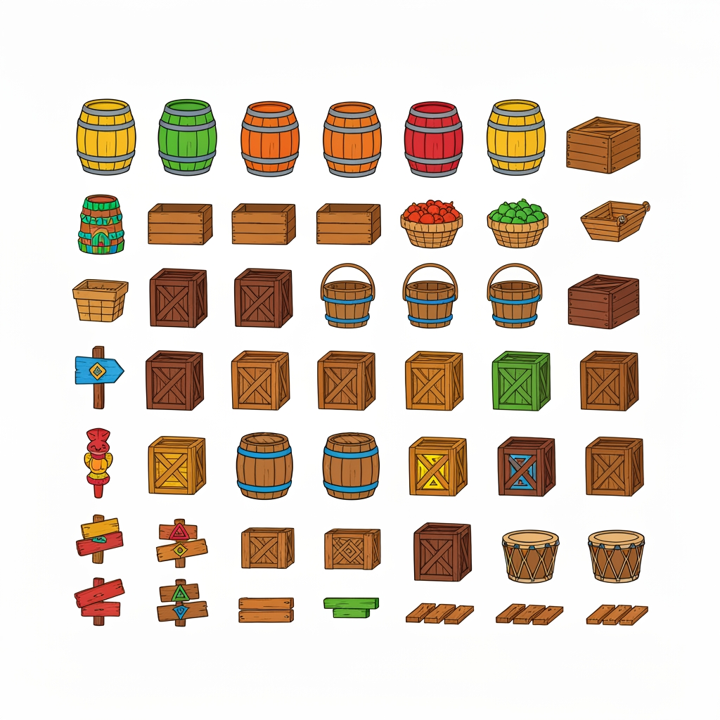 AI Design for Absolutely 😭 No image—just the prompt. And I'll keep the exact same design rules we established for the platforms.
ULTIMATE PROMPT — TIKI JUNGLE PROPS
Create a clean game-asset concept sheet for a colorful 3D platformer called Leo & Tiny: Jungle Adventure, showing a collection of Tiki Jungle environmental props on a completely pure white background.
Include only the props, with no characters, no jungle scenery, no environment, no logos, and no text.
The props should follow the exact same visual design language as the game's wooden platforms: simple, colorful, iconic, slightly 3D, playful, and highly readable.
ART STYLE
Bold, thick black cartoon outlines around every object.
Vibrant, simple colors.
Minimal shading.
Slightly dimensional 3D appearance, but NOT realistic.
Clean, polished 2010s-style colorful platformer aesthetic.
Chunky, rounded shapes.
Simple silhouettes that are instantly recognizable during gameplay.
No realistic wood grain.
No hyper-realistic materials.
No excessive reflections, textures, or tiny details.
COLOR PALETTE
Use the same restricted Tiki Jungle palette:
Green, yellow, orange, red, blue, and warm natural wood brown.
Absolutely avoid pink and purple.
The colors should be bright and saturated without glowing.
PROPS TO INCLUDE
Create many variations of:
🪵 Wooden barrels
📦 Wooden crates
🥭 Fruit crates
🪵 Small wooden boxes
🪣 Wooden buckets
🧺 Simple woven baskets
🪧 Small wooden signs
🪵 Stacked crates
🛢️ Large wooden storage barrels
🪵 Short wooden logs used as decorative objects
🗿 Small Tiki-themed decorative objects
🌴 Simple wooden posts
🪵 Wooden bridges/short plank sections
📦 Crates with different geometric markings
🪘 Simple wooden drums
Keep every object simple enough that it could actually be used inside a 3D platformer level.
GEOMETRIC PATTERN LANGUAGE
Use the same geometric Tiki patterns as the platforms.
Decorate the sides of barrels, crates, signs, baskets, and other wooden objects with:
Triangles
Diamonds
Squares
Circles
Zigzags
Checker patterns
Simple stripes
Repeating geometric bands
Use combinations such as:
yellow + green triangles
red + blue triangles
red + yellow diamonds
red + green patterns
yellow + blue squares
orange + blue zigzags
green + orange geometric bands
The patterns should be bold and simple, not intricate tribal artwork.
Some objects should have only one small geometric emblem, while others can have a repeating pattern around their sides.
IMPORTANT
The decorations should not completely cover the objects.
Keep plenty of the natural wooden surface visible.
The props should feel like they belong to the same manufactured set as the colorful wooden platforms.
For example, a crate should immediately look like it belongs beside one of the game's wooden platforms.
COMPOSITION
Arrange approximately 20–30 different props neatly across the white background like a professional game-development asset sheet.
Include:
Individual objects
Small stacked groups
Different barrel sizes
Different crate shapes
A few rotated objects
A few front/three-quarter views
A few top-down-ish views
Leave enough space between every object so each design is clearly visible.
FINAL VISUAL GOAL
The result should look like:
Colorful 3D platformer props + bold cartoon outlines + simple geometric Tiki patterns + vibrant flat colors + minimal shading + clean game-asset presentation.
The props should feel iconic, playful, kid-friendly, and immediately readable, matching the Leo & Tiny Tiki Jungle platform designs.
NO pink. NO purple. NO characters. NO scenery. NO realistic textures. NO hyper-realism. NO excessive detail. NO complicated patterns. NO text.