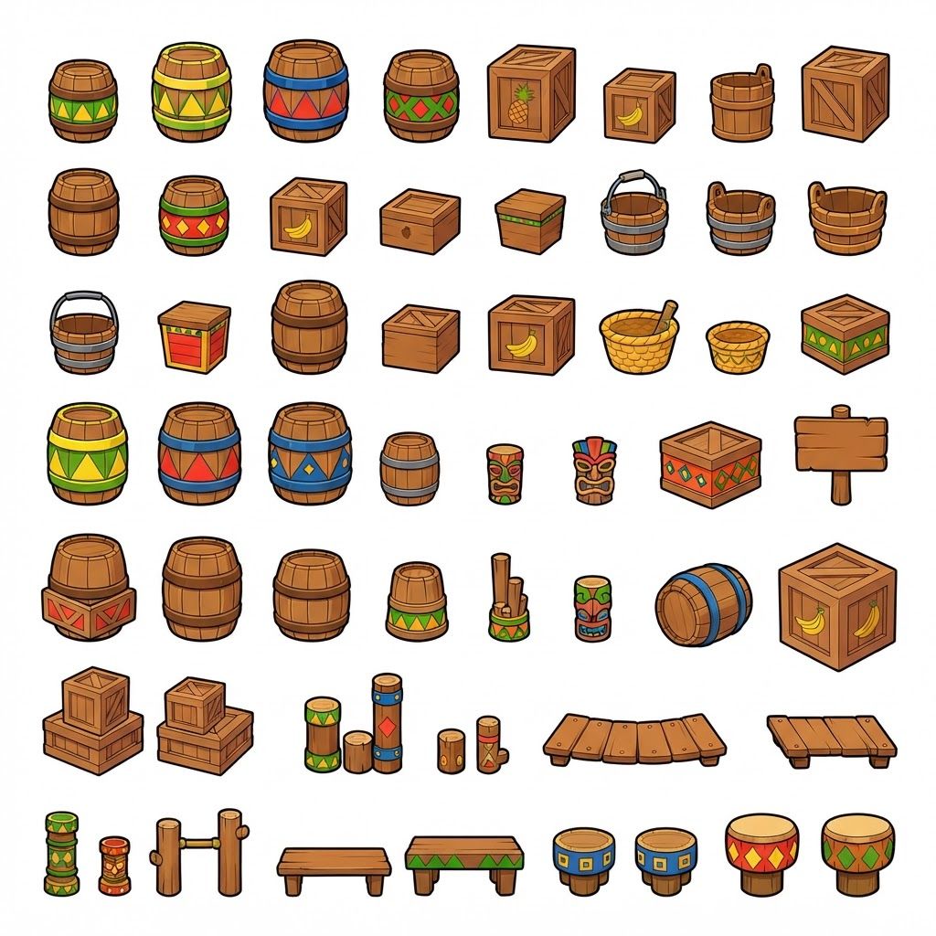 AI Design for Absolutely 😭 No image—just the prompt. And I'll keep the exact same design rules we established for the platforms.
ULTIMATE PROMPT — TIKI JUNGLE PROPS
Create a clean game-asset concept sheet for a colorful 3D platformer called Leo & Tiny: Jungle Adventure, showing a collection of Tiki Jungle environmental props on a completely pure white background.
Include only the props, with no characters, no jungle scenery, no environment, no logos, and no text.
The props should follow the exact same visual design language as the game's wooden platforms: simple, colorful, iconic, slightly 3D, playful, and highly readable.
ART STYLE
Bold, thick black cartoon outlines around every object.
Vibrant, simple colors.
Minimal shading.
Slightly dimensional 3D appearance, but NOT realistic.
Clean, polished 2010s-style colorful platformer aesthetic.
Chunky, rounded shapes.
Simple silhouettes that are instantly recognizable during gameplay.
No realistic wood grain.
No hyper-realistic materials.
No excessive reflections, textures, or tiny details.
COLOR PALETTE
Use the same restricted Tiki Jungle palette:
Green, yellow, orange, red, blue, and warm natural wood brown.
Absolutely avoid pink and purple.
The colors should be bright and saturated without glowing.
PROPS TO INCLUDE
Create many variations of:
🪵 Wooden barrels
📦 Wooden crates
🥭 Fruit crates
🪵 Small wooden boxes
🪣 Wooden buckets
🧺 Simple woven baskets
🪧 Small wooden signs
🪵 Stacked crates
🛢️ Large wooden storage barrels
🪵 Short wooden logs used as decorative objects
🗿 Small Tiki-themed decorative objects
🌴 Simple wooden posts
🪵 Wooden bridges/short plank sections
📦 Crates with different geometric markings
🪘 Simple wooden drums
Keep every object simple enough that it could actually be used inside a 3D platformer level.
GEOMETRIC PATTERN LANGUAGE
Use the same geometric Tiki patterns as the platforms.
Decorate the sides of barrels, crates, signs, baskets, and other wooden objects with:
Triangles
Diamonds
Squares
Circles
Zigzags
Checker patterns
Simple stripes
Repeating geometric bands
Use combinations such as:
yellow + green triangles
red + blue triangles
red + yellow diamonds
red + green patterns
yellow + blue squares
orange + blue zigzags
green + orange geometric bands
The patterns should be bold and simple, not intricate tribal artwork.
Some objects should have only one small geometric emblem, while others can have a repeating pattern around their sides.
IMPORTANT
The decorations should not completely cover the objects.
Keep plenty of the natural wooden surface visible.
The props should feel like they belong to the same manufactured set as the colorful wooden platforms.
For example, a crate should immediately look like it belongs beside one of the game's wooden platforms.
COMPOSITION
Arrange approximately 20–30 different props neatly across the white background like a professional game-development asset sheet.
Include:
Individual objects
Small stacked groups
Different barrel sizes
Different crate shapes
A few rotated objects
A few front/three-quarter views
A few top-down-ish views
Leave enough space between every object so each design is clearly visible.
FINAL VISUAL GOAL
The result should look like:
Colorful 3D platformer props + bold cartoon outlines + simple geometric Tiki patterns + vibrant flat colors + minimal shading + clean game-asset presentation.
The props should feel iconic, playful, kid-friendly, and immediately readable, matching the Leo & Tiny Tiki Jungle platform designs.
NO pink. NO purple. NO characters. NO scenery. NO realistic textures. NO hyper-realism. NO excessive detail. NO complicated patterns. NO text.
