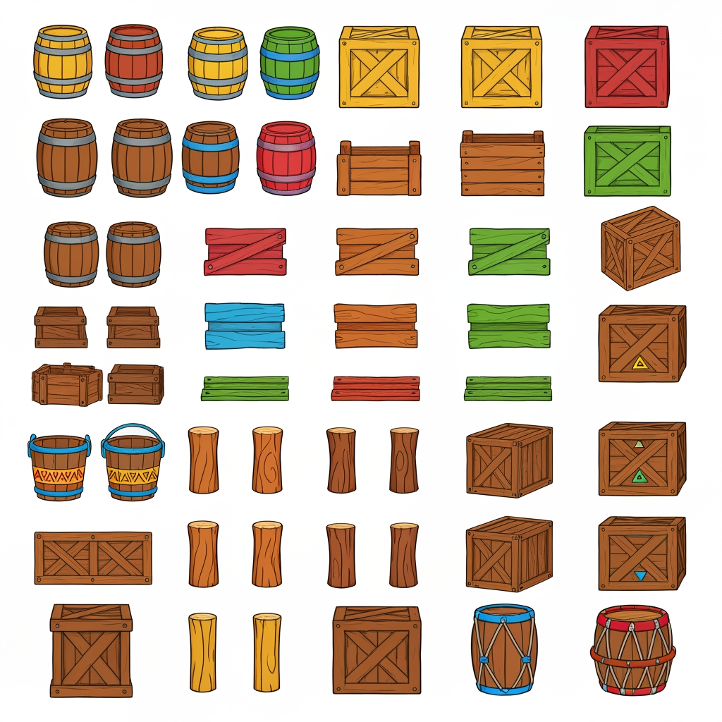 AI Design for Absolutely 😭 No image—just the prompt. And I'll keep the exact same design rules we established for the platforms.
ULTIMATE PROMPT — TIKI JUNGLE PROPS
Create a clean game-asset concept sheet for a colorful 3D platformer called Leo & Tiny: Jungle Adventure, showing a collection of Tiki Jungle environmental props on a completely pure white background.
Include only the props, with no characters, no jungle scenery, no environment, no logos, and no text.
The props should follow the exact same visual design language as the game's wooden platforms: simple, colorful, iconic, slightly 3D, playful, and highly readable.
ART STYLE
Bold, thick black cartoon outlines around every object.
Vibrant, simple colors.
Minimal shading.
Slightly dimensional 3D appearance, but NOT realistic.
Clean, polished 2010s-style colorful platformer aesthetic.
Chunky, rounded shapes.
Simple silhouettes that are instantly recognizable during gameplay.
No realistic wood grain.
No hyper-realistic materials.
No excessive reflections, textures, or tiny details.
COLOR PALETTE
Use the same restricted Tiki Jungle palette:
Green, yellow, orange, red, blue, and warm natural wood brown.
Absolutely avoid pink and purple.
The colors should be bright and saturated without glowing.
PROPS TO INCLUDE
Create many variations of:
🪵 Wooden barrels
📦 Wooden crates
🥭 Fruit crates
🪵 Small wooden boxes
🪣 Wooden buckets
🧺 Simple woven baskets
🪧 Small wooden signs
🪵 Stacked crates
🛢️ Large wooden storage barrels
🪵 Short wooden logs used as decorative objects
🗿 Small Tiki-themed decorative objects
🌴 Simple wooden posts
🪵 Wooden bridges/short plank sections
📦 Crates with different geometric markings
🪘 Simple wooden drums
Keep every object simple enough that it could actually be used inside a 3D platformer level.
GEOMETRIC PATTERN LANGUAGE
Use the same geometric Tiki patterns as the platforms.
Decorate the sides of barrels, crates, signs, baskets, and other wooden objects with:
Triangles
Diamonds
Squares
Circles
Zigzags
Checker patterns
Simple stripes
Repeating geometric bands
Use combinations such as:
yellow + green triangles
red + blue triangles
red + yellow diamonds
red + green patterns
yellow + blue squares
orange + blue zigzags
green + orange geometric bands
The patterns should be bold and simple, not intricate tribal artwork.
Some objects should have only one small geometric emblem, while others can have a repeating pattern around their sides.
IMPORTANT
The decorations should not completely cover the objects.
Keep plenty of the natural wooden surface visible.
The props should feel like they belong to the same manufactured set as the colorful wooden platforms.
For example, a crate should immediately look like it belongs beside one of the game's wooden platforms.
COMPOSITION
Arrange approximately 20–30 different props neatly across the white background like a professional game-development asset sheet.
Include:
Individual objects
Small stacked groups
Different barrel sizes
Different crate shapes
A few rotated objects
A few front/three-quarter views
A few top-down-ish views
Leave enough space between every object so each design is clearly visible.
FINAL VISUAL GOAL
The result should look like:
Colorful 3D platformer props + bold cartoon outlines + simple geometric Tiki patterns + vibrant flat colors + minimal shading + clean game-asset presentation.
The props should feel iconic, playful, kid-friendly, and immediately readable, matching the Leo & Tiny Tiki Jungle platform designs.
NO pink. NO purple. NO characters. NO scenery. NO realistic textures. NO hyper-realism. NO excessive detail. NO complicated patterns. NO text.