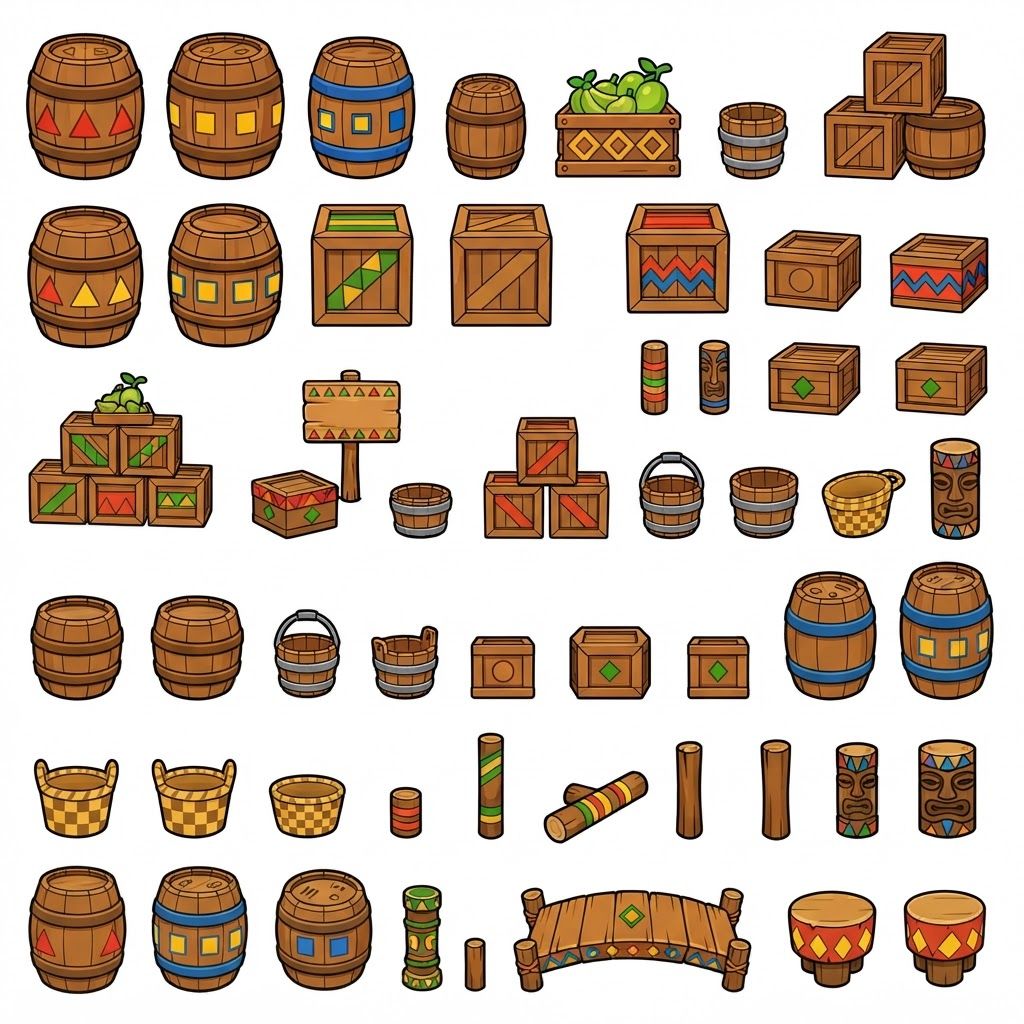AI Design for Absolutely 😭 No image—just the prompt. And I'll keep the exact same design rules we established for the platforms.
ULTIMATE PROMPT — TIKI JUNGLE PROPS
Create a clean game-asset concept sheet for a colorful 3D platformer called Leo & Tiny: Jungle Adventure, showing a collection of Tiki Jungle environmental props on a completely pure white background.
Include only the props, with no characters, no jungle scenery, no environment, no logos, and no text.
The props should follow the exact same visual design language as the game's wooden platforms: simple, colorful, iconic, slightly 3D, playful, and highly readable.
ART STYLE
Bold, thick black cartoon outlines around every object.
Vibrant, simple colors.
Minimal shading.
Slightly dimensional 3D appearance, but NOT realistic.
Clean, polished 2010s-style colorful platformer aesthetic.
Chunky, rounded shapes.
Simple silhouettes that are instantly recognizable during gameplay.
No realistic wood grain.
No hyper-realistic materials.
No excessive reflections, textures, or tiny details.
COLOR PALETTE
Use the same restricted Tiki Jungle palette:
Green, yellow, orange, red, blue, and warm natural wood brown.
Absolutely avoid pink and purple.
The colors should be bright and saturated without glowing.
PROPS TO INCLUDE
Create many variations of:
🪵 Wooden barrels
📦 Wooden crates
🥭 Fruit crates
🪵 Small wooden boxes
🪣 Wooden buckets
🧺 Simple woven baskets
🪧 Small wooden signs
🪵 Stacked crates
🛢️ Large wooden storage barrels
🪵 Short wooden logs used as decorative objects
🗿 Small Tiki-themed decorative objects
🌴 Simple wooden posts
🪵 Wooden bridges/short plank sections
📦 Crates with different geometric markings
🪘 Simple wooden drums
Keep every object simple enough that it could actually be used inside a 3D platformer level.
GEOMETRIC PATTERN LANGUAGE
Use the same geometric Tiki patterns as the platforms.
Decorate the sides of barrels, crates, signs, baskets, and other wooden objects with:
Triangles
Diamonds
Squares
Circles
Zigzags
Checker patterns
Simple stripes
Repeating geometric bands
Use combinations such as:
yellow + green triangles
red + blue triangles
red + yellow diamonds
red + green patterns
yellow + blue squares
orange + blue zigzags
green + orange geometric bands
The patterns should be bold and simple, not intricate tribal artwork.
Some objects should have only one small geometric emblem, while others can have a repeating pattern around their sides.
IMPORTANT
The decorations should not completely cover the objects.
Keep plenty of the natural wooden surface visible.
The props should feel like they belong to the same manufactured set as the colorful wooden platforms.
For example, a crate should immediately look like it belongs beside one of the game's wooden platforms.
COMPOSITION
Arrange approximately 20–30 different props neatly across the white background like a professional game-development asset sheet.
Include:
Individual objects
Small stacked groups
Different barrel sizes
Different crate shapes
A few rotated objects
A few front/three-quarter views
A few top-down-ish views
Leave enough space between every object so each design is clearly visible.
FINAL VISUAL GOAL
The result should look like:
Colorful 3D platformer props + bold cartoon outlines + simple geometric Tiki patterns + vibrant flat colors + minimal shading + clean game-asset presentation.
The props should feel iconic, playful, kid-friendly, and immediately readable, matching the Leo & Tiny Tiki Jungle platform designs.
NO pink. NO purple. NO characters. NO scenery. NO realistic textures. NO hyper-realism. NO excessive detail. NO complicated patterns. NO text.