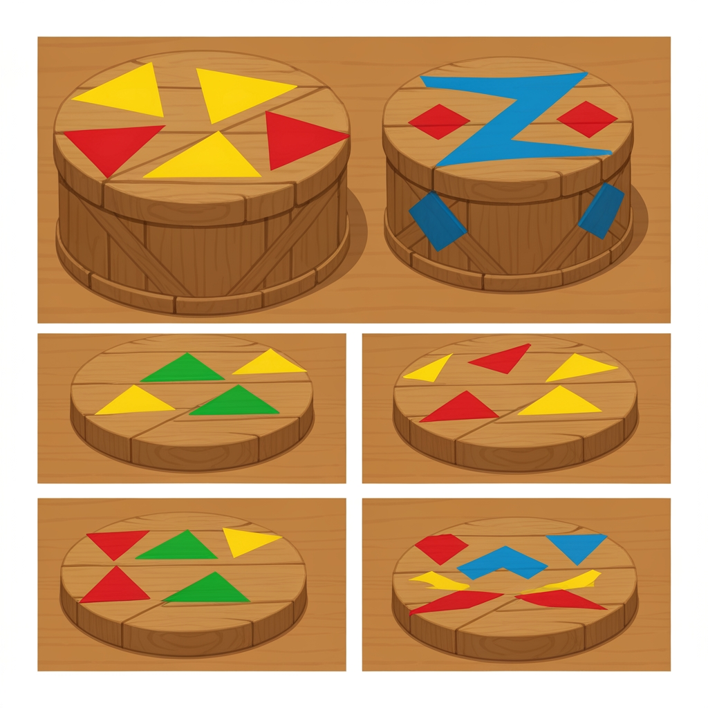 AI Design for Create game like assets for wooden platforms with simple vibrant colors nice textures readable clear distinct and iconic for wooden platforms that have designs that include colored shapes such as yellow triangles green red blue orange triangles squares any shape goind in a oattern zigzag or others off fitting to make nice textures and and I repeat do not include any pink purple magenta and cyan in the patterns make them cool interesting recognizable fun distinct design wooden platforms that look like video game platforms that have patterns in our cool colorful have nice patterns like combinations green yellow and red really featuring Red as the main color so it's still on a wooden plate green yellow as it's accent triangle color and red is simply a line color and orange and then having a blue zigzag everywhere and then having stuff like yellow main and orange squares green red yellow blue red blue orange stuff like that on platforms that are suited have like not crates yet like a platforms yeah you would then have like those you would have the platforms that are kind of more circular they're notlike like tall you're kind of like short in a sense where what I mean by describing short is not too tall they're not very thick so it's from that add those patterns don't include purple pink cyan or colors like so and design some interesting ideas like maybe a longer ones that are kind of like sticks and they have like a center point that spins and a size from that thank you and take your time