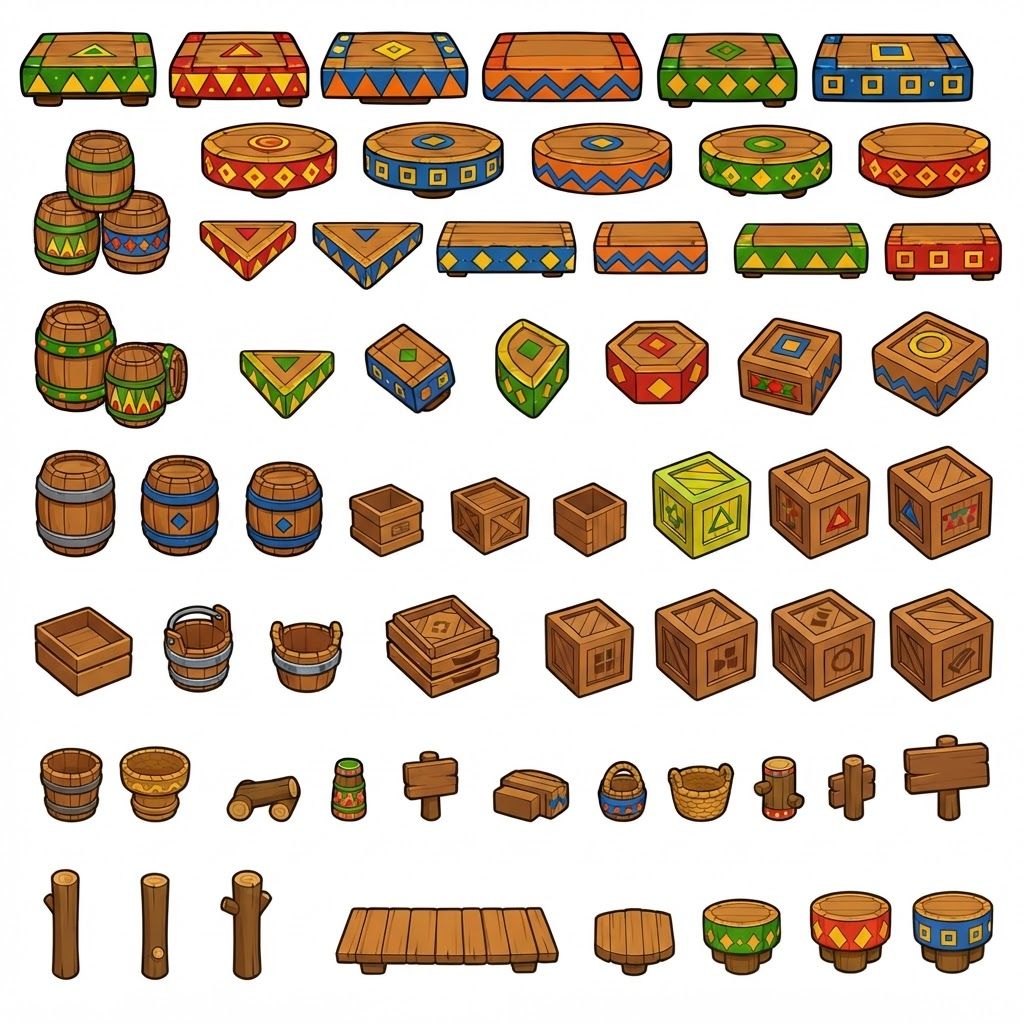 AI Design for Absolutely 😭 No image—just the prompt. And I'll keep the exact same design rules we established for the platforms.
ULTIMATE PROMPT — TIKI JUNGLE PROPS
Create a clean game-asset concept sheet for a colorful 3D platformer called Leo & Tiny: Jungle Adventure, showing a collection of Tiki Jungle environmental props on a completely pure white background.
Include only the props, with no characters, no jungle scenery, no environment, no logos, and no text.
The props should follow the exact same visual design language as the game's wooden platforms: simple, colorful, iconic, slightly 3D, playful, and highly readable.
ART STYLE
Bold, thick black cartoon outlines around every object.
Vibrant, simple colors.
Minimal shading.
Slightly dimensional 3D appearance, but NOT realistic.
Clean, polished 2010s-style colorful platformer aesthetic.
Chunky, rounded shapes.
Simple silhouettes that are instantly recognizable during gameplay.
No realistic wood grain.
No hyper-realistic materials.
No excessive reflections, textures, or tiny details.
COLOR PALETTE
Use the same restricted Tiki Jungle palette:
Green, yellow, orange, red, blue, and warm natural wood brown.
Absolutely avoid pink and purple.
The colors should be bright and saturated without glowing.
PROPS TO INCLUDE
Create many variations of:
🪵 Wooden barrels
📦 Wooden crates
🥭 Fruit crates
🪵 Small wooden boxes
🪣 Wooden buckets
🧺 Simple woven baskets
🪧 Small wooden signs
🪵 Stacked crates
🛢️ Large wooden storage barrels
🪵 Short wooden logs used as decorative objects
🗿 Small Tiki-themed decorative objects
🌴 Simple wooden posts
🪵 Wooden bridges/short plank sections
📦 Crates with different geometric markings
🪘 Simple wooden drums
Keep every object simple enough that it could actually be used inside a 3D platformer level.
GEOMETRIC PATTERN LANGUAGE
Use the same geometric Tiki patterns as the platforms.
Decorate the sides of barrels, crates, signs, baskets, and other wooden objects with:
Triangles
Diamonds
Squares
Circles
Zigzags
Checker patterns
Simple stripes
Repeating geometric bands
Use combinations such as:
yellow + green triangles
red + blue triangles
red + yellow diamonds
red + green patterns
yellow + blue squares
orange + blue zigzags
green + orange geometric bands
The patterns should be bold and simple, not intricate tribal artwork.
Some objects should have only one small geometric emblem, while others can have a repeating pattern around their sides.
IMPORTANT
The decorations should not completely cover the objects.
Keep plenty of the natural wooden surface visible.
The props should feel like they belong to the same manufactured set as the colorful wooden platforms.
For example, a crate should immediately look like it belongs beside one of the game's wooden platforms.
COMPOSITION
Arrange approximately 20–30 different props neatly across the white background like a professional game-development asset sheet.
Include:
Individual objects
Small stacked groups
Different barrel sizes
Different crate shapes
A few rotated objects
A few front/three-quarter views
A few top-down-ish views
Leave enough space between every object so each design is clearly visible.
FINAL VISUAL GOAL
The result should look like:
Colorful 3D platformer props + bold cartoon outlines + simple geometric Tiki patterns + vibrant flat colors + minimal shading + clean game-asset presentation.
The props should feel iconic, playful, kid-friendly, and immediately readable, matching the Leo & Tiny Tiki Jungle platform designs.
NO pink. NO purple. NO characters. NO scenery. NO realistic textures. NO hyper-realism. NO excessive detail. NO complicated patterns. NO text.