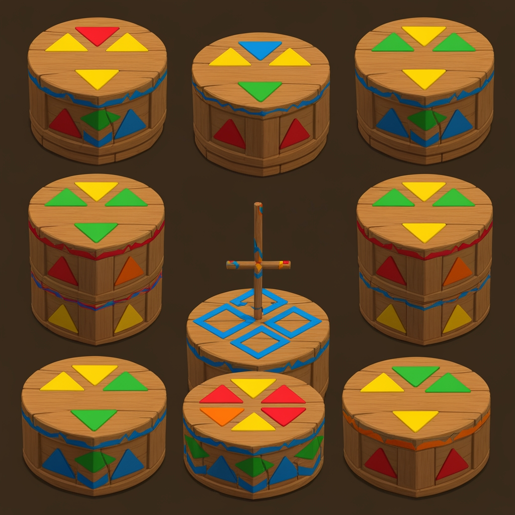 AI Design for Create game like assets for wooden platforms with simple vibrant colors nice textures readable clear distinct and iconic for wooden platforms that have designs that include colored shapes such as yellow triangles green red blue orange triangles squares any shape goind in a oattern zigzag or others off fitting to make nice textures and and I repeat do not include any pink purple magenta and cyan in the patterns make them cool interesting recognizable fun distinct design wooden platforms that look like video game platforms that have patterns in our cool colorful have nice patterns like combinations green yellow and red really featuring Red as the main color so it's still on a wooden plate green yellow as it's accent triangle color and red is simply a line color and orange and then having a blue zigzag everywhere and then having stuff like yellow main and orange squares green red yellow blue red blue orange stuff like that on platforms that are suited have like not crates yet like a platforms yeah you would then have like those you would have the platforms that are kind of more circular they're notlike like tall you're kind of like short in a sense where what I mean by describing short is not too tall they're not very thick so it's from that add those patterns don't include purple pink cyan or colors like so and design some interesting ideas like maybe a longer ones that are kind of like sticks and they have like a center point that spins and a size from that thank you and take your time