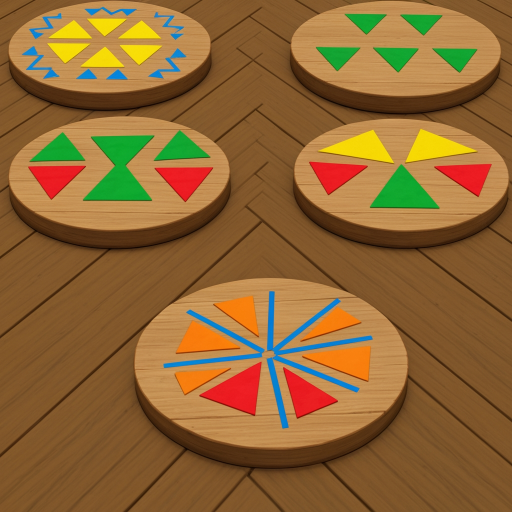 AI Design for Create game like assets for wooden platforms with simple vibrant colors nice textures readable clear distinct and iconic for wooden platforms that have designs that include colored shapes such as yellow triangles green red blue orange triangles squares any shape goind in a oattern zigzag or others off fitting to make nice textures and and I repeat do not include any pink purple magenta and cyan in the patterns make them cool interesting recognizable fun distinct design wooden platforms that look like video game platforms that have patterns in our cool colorful have nice patterns like combinations green yellow and red really featuring Red as the main color so it's still on a wooden plate green yellow as it's accent triangle color and red is simply a line color and orange and then having a blue zigzag everywhere and then having stuff like yellow main and orange squares green red yellow blue red blue orange stuff like that on platforms that are suited have like not crates yet like a platforms yeah you would then have like those you would have the platforms that are kind of more circular they're notlike like tall you're kind of like short in a sense where what I mean by describing short is not too tall they're not very thick so it's from that add those patterns don't include purple pink cyan or colors like so and design some interesting ideas like maybe a longer ones that are kind of like sticks and they have like a center point that spins and a size from that thank you and take your time