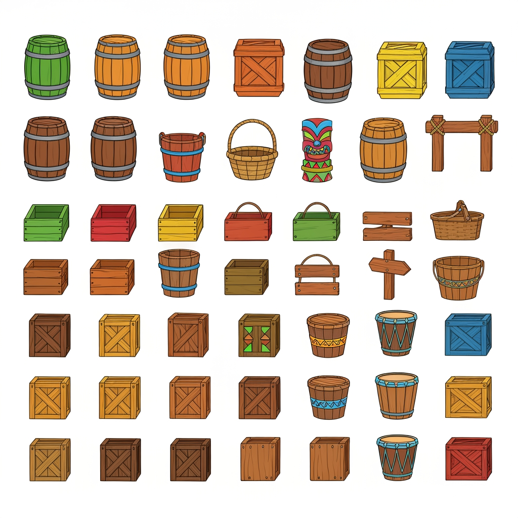 AI Design for Absolutely 😭 No image—just the prompt. And I'll keep the exact same design rules we established for the platforms.
ULTIMATE PROMPT — TIKI JUNGLE PROPS
Create a clean game-asset concept sheet for a colorful 3D platformer called Leo & Tiny: Jungle Adventure, showing a collection of Tiki Jungle environmental props on a completely pure white background.
Include only the props, with no characters, no jungle scenery, no environment, no logos, and no text.
The props should follow the exact same visual design language as the game's wooden platforms: simple, colorful, iconic, slightly 3D, playful, and highly readable.
ART STYLE
Bold, thick black cartoon outlines around every object.
Vibrant, simple colors.
Minimal shading.
Slightly dimensional 3D appearance, but NOT realistic.
Clean, polished 2010s-style colorful platformer aesthetic.
Chunky, rounded shapes.
Simple silhouettes that are instantly recognizable during gameplay.
No realistic wood grain.
No hyper-realistic materials.
No excessive reflections, textures, or tiny details.
COLOR PALETTE
Use the same restricted Tiki Jungle palette:
Green, yellow, orange, red, blue, and warm natural wood brown.
Absolutely avoid pink and purple.
The colors should be bright and saturated without glowing.
PROPS TO INCLUDE
Create many variations of:
🪵 Wooden barrels
📦 Wooden crates
🥭 Fruit crates
🪵 Small wooden boxes
🪣 Wooden buckets
🧺 Simple woven baskets
🪧 Small wooden signs
🪵 Stacked crates
🛢️ Large wooden storage barrels
🪵 Short wooden logs used as decorative objects
🗿 Small Tiki-themed decorative objects
🌴 Simple wooden posts
🪵 Wooden bridges/short plank sections
📦 Crates with different geometric markings
🪘 Simple wooden drums
Keep every object simple enough that it could actually be used inside a 3D platformer level.
GEOMETRIC PATTERN LANGUAGE
Use the same geometric Tiki patterns as the platforms.
Decorate the sides of barrels, crates, signs, baskets, and other wooden objects with:
Triangles
Diamonds
Squares
Circles
Zigzags
Checker patterns
Simple stripes
Repeating geometric bands
Use combinations such as:
yellow + green triangles
red + blue triangles
red + yellow diamonds
red + green patterns
yellow + blue squares
orange + blue zigzags
green + orange geometric bands
The patterns should be bold and simple, not intricate tribal artwork.
Some objects should have only one small geometric emblem, while others can have a repeating pattern around their sides.
IMPORTANT
The decorations should not completely cover the objects.
Keep plenty of the natural wooden surface visible.
The props should feel like they belong to the same manufactured set as the colorful wooden platforms.
For example, a crate should immediately look like it belongs beside one of the game's wooden platforms.
COMPOSITION
Arrange approximately 20–30 different props neatly across the white background like a professional game-development asset sheet.
Include:
Individual objects
Small stacked groups
Different barrel sizes
Different crate shapes
A few rotated objects
A few front/three-quarter views
A few top-down-ish views
Leave enough space between every object so each design is clearly visible.
FINAL VISUAL GOAL
The result should look like:
Colorful 3D platformer props + bold cartoon outlines + simple geometric Tiki patterns + vibrant flat colors + minimal shading + clean game-asset presentation.
The props should feel iconic, playful, kid-friendly, and immediately readable, matching the Leo & Tiny Tiki Jungle platform designs.
NO pink. NO purple. NO characters. NO scenery. NO realistic textures. NO hyper-realism. NO excessive detail. NO complicated patterns. NO text.