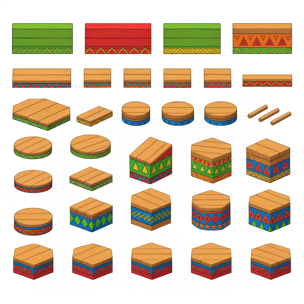 AI Design for Absolutely. Here’s a copy-paste ultimate prompt aimed specifically at getting the platform designs you’ve been describing:


---

ULTIMATE PROMPT

Create a clean character-game-asset concept sheet for a colorful 3D platformer called Leo & Tiny: Jungle Adventure.

The image should contain ONLY wooden Tiki-jungle platform designs on a pure white background. No characters, no jungle background, no scenery, no logos, no text, no environment.

The platforms should look like simple, iconic 2010s-era colorful platformer assets: playful, approachable, chunky, readable, and slightly 3D, but NOT photorealistic and NOT hyper-realistic.

ART STYLE

Bold, thick black cartoon outlines around every platform and geometric shape.

Flat, vibrant colors.

Very minimal shading.

Simple, clean 3D forms.

Slightly polished 3D game-art appearance while retaining a cartoon/vector-like aesthetic.

Strong silhouettes that would be instantly recognizable during gameplay.

No complicated textures.

No realistic wood grain.

No excessive highlights, reflections, or realistic materials.

Keep everything visually simple and game-ready.


PLATFORM DESIGNS

Create many different platform variants, arranged neatly like a game asset sheet.

Include:

Large rectangular wooden platforms.

Small rectangular platforms.

Long thin platforms.

Wide square platforms.

Circular wooden platforms.

Hexagonal platforms.

Triangular platforms.

Small pedestal platforms.

Tall cylindrical wooden pillars.

Short cylindrical platforms.

Rotating platforms.

Platforms with different thicknesses.

A few unusual geometric shapes while keeping everything simple.


The top surfaces should mostly be plain wooden planks, while the sides contain the colorful decorative patterns.

COLOR PALETTE

Use a restricted, consistent palette of:

Green, yellow, orange, red, blue, and natural warm wood brown.

Do NOT use:

Pink

Purple

Magenta

Neon pink

Purple decorations


The colors should be bright and vibrant, but not glowing.

PATTERN LANGUAGE

Decorate the platform sides with simple repeating geometric Tiki-inspired patterns.

Use combinations of:

Triangles

Diamonds

Squares

Zigzags

Horizontal stripes

Checker patterns

Simple geometric bands

Small circles

Repeating arrow shapes


Examples:

Green + yellow triangles

Orange + red diamonds

Blue + yellow squares

Green + orange zigzags

Red + yellow geometric bands

Blue + orange geometric patterns

Green + red + yellow repeating motifs


Also include small geometric symbols on some platform tops, such as a single triangle, diamond, square, circle, or simple emblem. Keep these symbols large, clean, and easy to recognize.

IMPORTANT DESIGN RULE

The patterns should not cover the entire platform.

Keep the wooden top mostly clean and use the colorful patterns primarily around the edges and sides. The decorations should make each platform recognizable without becoming visually noisy.

Make the collection feel like one unified platform system, not random objects from different games.

COMPOSITION

Arrange approximately 20–30 different platform variants on the white background with plenty of space between them.

Show:

Front/three-quarter views for most platforms.

A few top-down-ish views.

Several circular and rotating platforms.

A few tall pillar/platform combinations.


Every asset should be completely visible and separated from the others.

FINAL LOOK

Think:

colorful 3D platformer + clean cartoon illustration + bold black outlines + simple geometric Tiki patterns + 2010s game aesthetic.

It should feel like something that could actually be used as the official platform design language for a cheerful Nintendo-inspired 3D collectathon, while remaining completely original.

DO NOT make it realistic. DO NOT add a jungle scene. DO NOT add characters. DO NOT add text. DO NOT add pink or purple. DO NOT make the designs overly detailed. Prioritize clarity, simplicity, vibrant colors, bold outlines, and strong recognizable silhouettes.
