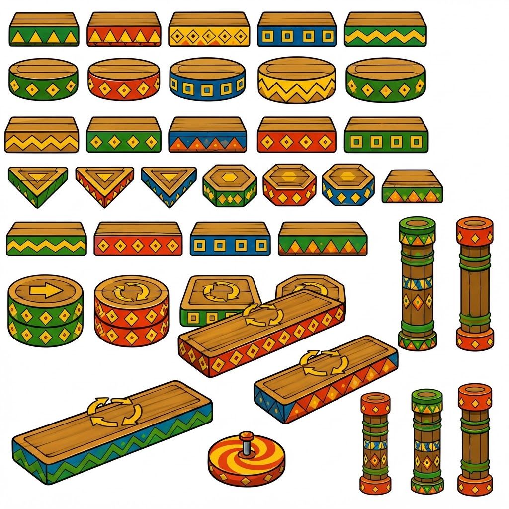 AI Design for Create game like assets for wooden platforms with simple vibrant colors nice textures readable clear distinct and iconic for wooden platforms that have designs that include colored shapes such as yellow triangles green red blue orange triangles squares any shape goind in a oattern zigzag or others off fitting to make nice textures and and I repeat do not include any pink purple magenta and cyan in the patterns make them cool interesting recognizable fun distinct design wooden platforms that look like video game platforms that have patterns in our cool colorful have nice patterns like combinations green yellow and red really featuring Red as the main color so it's still on a wooden plate green yellow as it's accent triangle color and red is simply a line color and orange and then having a blue zigzag everywhere and then having stuff like yellow main and orange squares green red yellow blue red blue orange stuff like that on platforms that are suited have like not crates yet like a platforms yeah you would then have like those you would have the platforms that are kind of more circular they're notlike like tall you're kind of like short in a sense where what I mean by describing short is not too tall they're not very thick so it's from that add those patterns don't include purple pink cyan or colors like so and design some interesting ideas like maybe a longer ones that are kind of like sticks and they have like a center point that spins and a size from that thank you and take your time sort of like the images on the prompt bar with your take on the approach