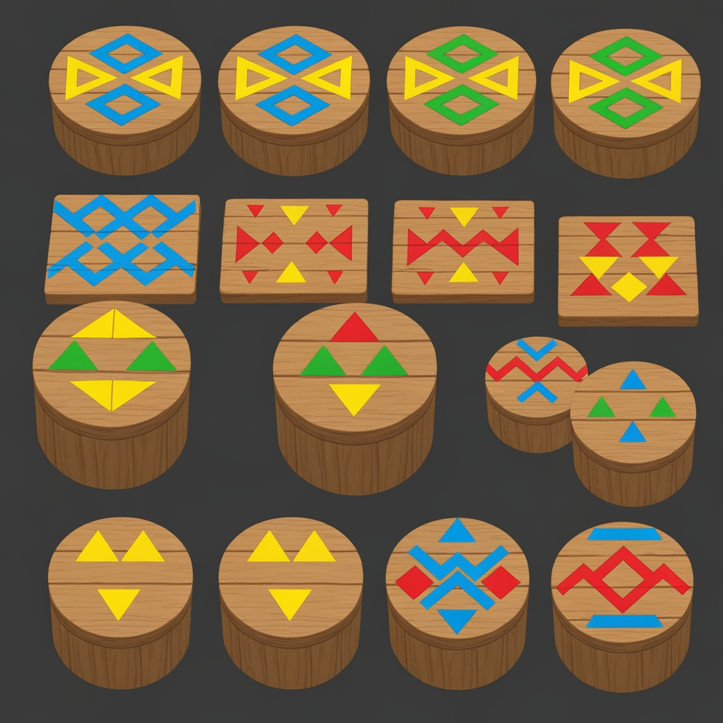 AI Design for Create game like assets for wooden platforms with simple vibrant colors nice textures readable clear distinct and iconic for wooden platforms that have designs that include colored shapes such as yellow triangles green red blue orange triangles squares any shape goind in a oattern zigzag or others off fitting to make nice textures and and I repeat do not include any pink purple magenta and cyan in the patterns make them cool interesting recognizable fun distinct design wooden platforms that look like video game platforms that have patterns in our cool colorful have nice patterns like combinations green yellow and red really featuring Red as the main color so it's still on a wooden plate green yellow as it's accent triangle color and red is simply a line color and orange and then having a blue zigzag everywhere and then having stuff like yellow main and orange squares green red yellow blue red blue orange stuff like that on platforms that are suited have like not crates yet like a platforms yeah you would then have like those you would have the platforms that are kind of more circular they're notlike like tall you're kind of like short in a sense where what I mean by describing short is not too tall they're not very thick so it's from that add those patterns don't include purple pink cyan or colors like so and design some interesting ideas like maybe a longer ones that are kind of like sticks and they have like a center point that spins and a size from that thank you and take your time