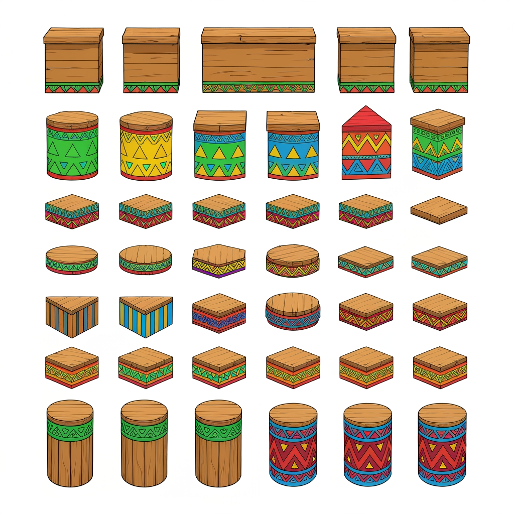 AI Design for Absolutely. Here’s a copy-paste ultimate prompt aimed specifically at getting the platform designs you’ve been describing:


---

ULTIMATE PROMPT

Create a clean character-game-asset concept sheet for a colorful 3D platformer called Leo & Tiny: Jungle Adventure.

The image should contain ONLY wooden Tiki-jungle platform designs on a pure white background. No characters, no jungle background, no scenery, no logos, no text, no environment.

The platforms should look like simple, iconic 2010s-era colorful platformer assets: playful, approachable, chunky, readable, and slightly 3D, but NOT photorealistic and NOT hyper-realistic.

ART STYLE

Bold, thick black cartoon outlines around every platform and geometric shape.

Flat, vibrant colors.

Very minimal shading.

Simple, clean 3D forms.

Slightly polished 3D game-art appearance while retaining a cartoon/vector-like aesthetic.

Strong silhouettes that would be instantly recognizable during gameplay.

No complicated textures.

No realistic wood grain.

No excessive highlights, reflections, or realistic materials.

Keep everything visually simple and game-ready.


PLATFORM DESIGNS

Create many different platform variants, arranged neatly like a game asset sheet.

Include:

Large rectangular wooden platforms.

Small rectangular platforms.

Long thin platforms.

Wide square platforms.

Circular wooden platforms.

Hexagonal platforms.

Triangular platforms.

Small pedestal platforms.

Tall cylindrical wooden pillars.

Short cylindrical platforms.

Rotating platforms.

Platforms with different thicknesses.

A few unusual geometric shapes while keeping everything simple.


The top surfaces should mostly be plain wooden planks, while the sides contain the colorful decorative patterns.

COLOR PALETTE

Use a restricted, consistent palette of:

Green, yellow, orange, red, blue, and natural warm wood brown.

Do NOT use:

Pink

Purple

Magenta

Neon pink

Purple decorations


The colors should be bright and vibrant, but not glowing.

PATTERN LANGUAGE

Decorate the platform sides with simple repeating geometric Tiki-inspired patterns.

Use combinations of:

Triangles

Diamonds

Squares

Zigzags

Horizontal stripes

Checker patterns

Simple geometric bands

Small circles

Repeating arrow shapes


Examples:

Green + yellow triangles

Orange + red diamonds

Blue + yellow squares

Green + orange zigzags

Red + yellow geometric bands

Blue + orange geometric patterns

Green + red + yellow repeating motifs


Also include small geometric symbols on some platform tops, such as a single triangle, diamond, square, circle, or simple emblem. Keep these symbols large, clean, and easy to recognize.

IMPORTANT DESIGN RULE

The patterns should not cover the entire platform.

Keep the wooden top mostly clean and use the colorful patterns primarily around the edges and sides. The decorations should make each platform recognizable without becoming visually noisy.

Make the collection feel like one unified platform system, not random objects from different games.

COMPOSITION

Arrange approximately 20–30 different platform variants on the white background with plenty of space between them.

Show:

Front/three-quarter views for most platforms.

A few top-down-ish views.

Several circular and rotating platforms.

A few tall pillar/platform combinations.


Every asset should be completely visible and separated from the others.

FINAL LOOK

Think:

colorful 3D platformer + clean cartoon illustration + bold black outlines + simple geometric Tiki patterns + 2010s game aesthetic.

It should feel like something that could actually be used as the official platform design language for a cheerful Nintendo-inspired 3D collectathon, while remaining completely original.

DO NOT make it realistic. DO NOT add a jungle scene. DO NOT add characters. DO NOT add text. DO NOT add pink or purple. DO NOT make the designs overly detailed. Prioritize clarity, simplicity, vibrant colors, bold outlines, and strong recognizable silhouettes.