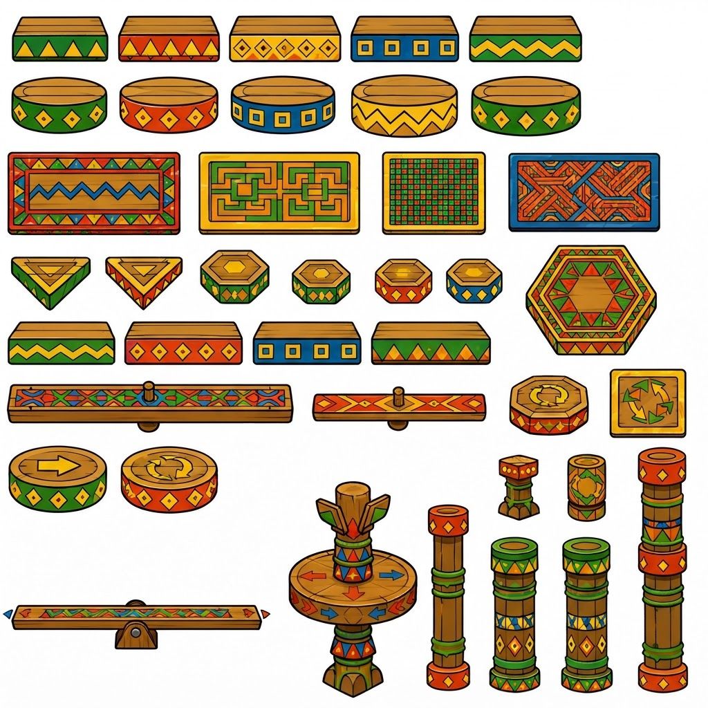 AI Design for Create game like assets for wooden platforms with simple vibrant colors nice textures readable clear distinct and iconic for wooden platforms that have designs that include colored shapes such as yellow triangles green red blue orange triangles squares any shape goind in a oattern zigzag or others off fitting to make nice textures and and I repeat do not include any pink purple magenta and cyan in the patterns make them cool interesting recognizable fun distinct design wooden platforms that look like video game platforms that have patterns in our cool colorful have nice patterns like combinations green yellow and red really featuring Red as the main color so it's still on a wooden plate green yellow as it's accent triangle color and red is simply a line color and orange and then having a blue zigzag everywhere and then having stuff like yellow main and orange squares green red yellow blue red blue orange stuff like that on platforms that are suited have like not crates yet like a platforms yeah you would then have like those you would have the platforms that are kind of more circular they're notlike like tall you're kind of like short in a sense where what I mean by describing short is not too tall they're not very thick so it's from that add those patterns don't include purple pink cyan or colors like so and design some interesting ideas like maybe a longer ones that are kind of like sticks and they have like a center point that spins and a size from that thank you and take your time sort of like the images on the prompt bar with your take on the approach