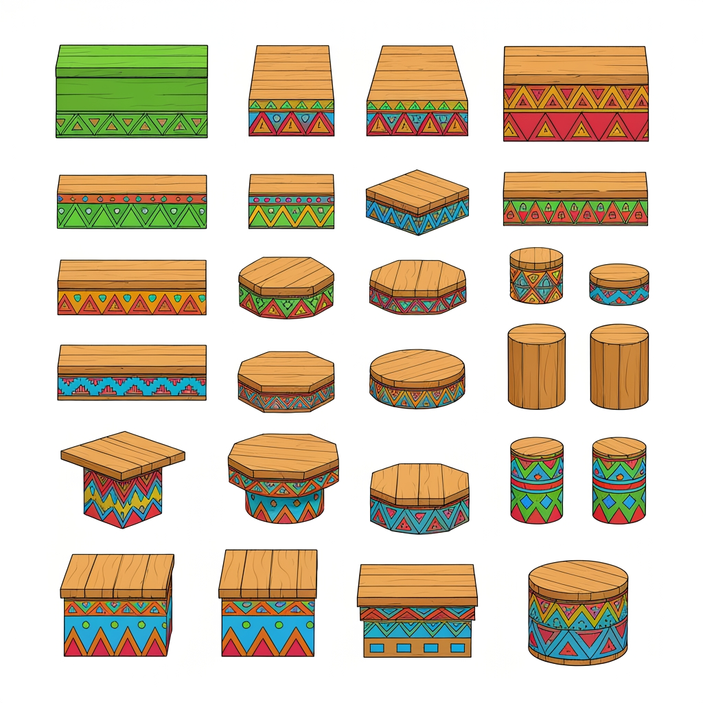 AI Design for Absolutely. Here’s a copy-paste ultimate prompt aimed specifically at getting the platform designs you’ve been describing:


---

ULTIMATE PROMPT

Create a clean character-game-asset concept sheet for a colorful 3D platformer called Leo & Tiny: Jungle Adventure.

The image should contain ONLY wooden Tiki-jungle platform designs on a pure white background. No characters, no jungle background, no scenery, no logos, no text, no environment.

The platforms should look like simple, iconic 2010s-era colorful platformer assets: playful, approachable, chunky, readable, and slightly 3D, but NOT photorealistic and NOT hyper-realistic.

ART STYLE

Bold, thick black cartoon outlines around every platform and geometric shape.

Flat, vibrant colors.

Very minimal shading.

Simple, clean 3D forms.

Slightly polished 3D game-art appearance while retaining a cartoon/vector-like aesthetic.

Strong silhouettes that would be instantly recognizable during gameplay.

No complicated textures.

No realistic wood grain.

No excessive highlights, reflections, or realistic materials.

Keep everything visually simple and game-ready.


PLATFORM DESIGNS

Create many different platform variants, arranged neatly like a game asset sheet.

Include:

Large rectangular wooden platforms.

Small rectangular platforms.

Long thin platforms.

Wide square platforms.

Circular wooden platforms.

Hexagonal platforms.

Triangular platforms.

Small pedestal platforms.

Tall cylindrical wooden pillars.

Short cylindrical platforms.

Rotating platforms.

Platforms with different thicknesses.

A few unusual geometric shapes while keeping everything simple.


The top surfaces should mostly be plain wooden planks, while the sides contain the colorful decorative patterns.

COLOR PALETTE

Use a restricted, consistent palette of:

Green, yellow, orange, red, blue, and natural warm wood brown.

Do NOT use:

Pink

Purple

Magenta

Neon pink

Purple decorations


The colors should be bright and vibrant, but not glowing.

PATTERN LANGUAGE

Decorate the platform sides with simple repeating geometric Tiki-inspired patterns.

Use combinations of:

Triangles

Diamonds

Squares

Zigzags

Horizontal stripes

Checker patterns

Simple geometric bands

Small circles

Repeating arrow shapes


Examples:

Green + yellow triangles

Orange + red diamonds

Blue + yellow squares

Green + orange zigzags

Red + yellow geometric bands

Blue + orange geometric patterns

Green + red + yellow repeating motifs


Also include small geometric symbols on some platform tops, such as a single triangle, diamond, square, circle, or simple emblem. Keep these symbols large, clean, and easy to recognize.

IMPORTANT DESIGN RULE

The patterns should not cover the entire platform.

Keep the wooden top mostly clean and use the colorful patterns primarily around the edges and sides. The decorations should make each platform recognizable without becoming visually noisy.

Make the collection feel like one unified platform system, not random objects from different games.

COMPOSITION

Arrange approximately 20–30 different platform variants on the white background with plenty of space between them.

Show:

Front/three-quarter views for most platforms.

A few top-down-ish views.

Several circular and rotating platforms.

A few tall pillar/platform combinations.


Every asset should be completely visible and separated from the others.

FINAL LOOK

Think:

colorful 3D platformer + clean cartoon illustration + bold black outlines + simple geometric Tiki patterns + 2010s game aesthetic.

It should feel like something that could actually be used as the official platform design language for a cheerful Nintendo-inspired 3D collectathon, while remaining completely original.

DO NOT make it realistic. DO NOT add a jungle scene. DO NOT add characters. DO NOT add text. DO NOT add pink or purple. DO NOT make the designs overly detailed. Prioritize clarity, simplicity, vibrant colors, bold outlines, and strong recognizable silhouettes.