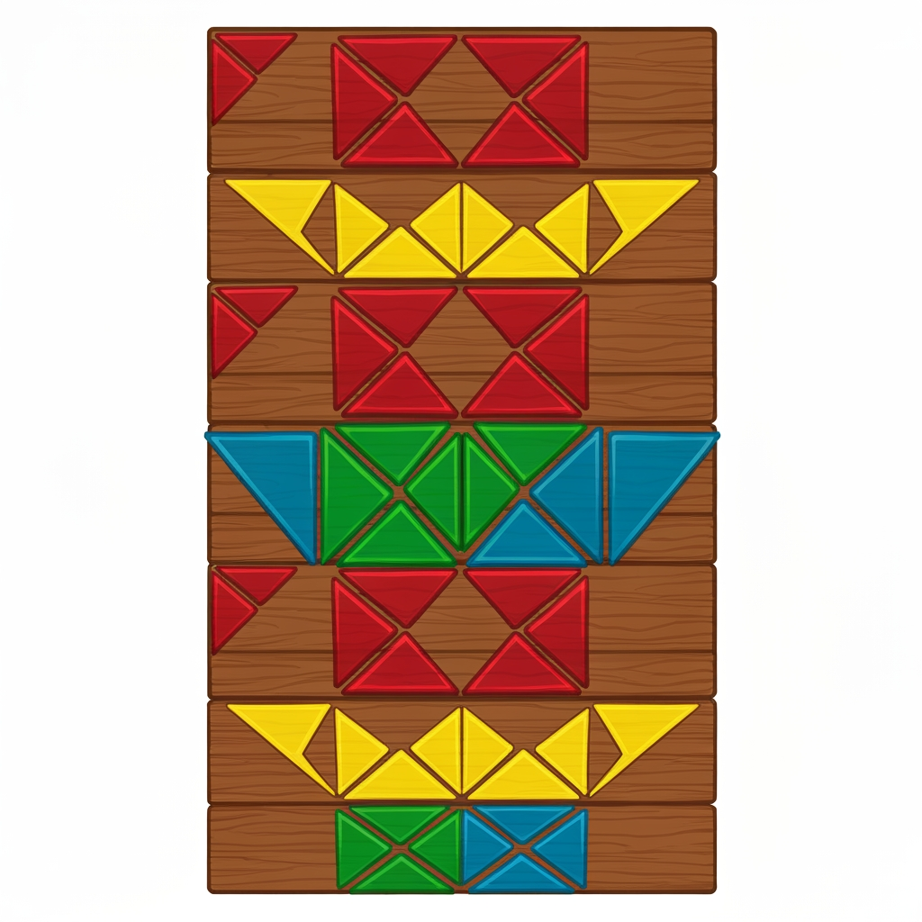 AI Design for Create game like assets for wooden platforms with simple vibrant colors nice textures readable clear distinct and iconic for wooden platforms that have designs that include colored shapes such as yellow triangles green red blue orange triangles squares any shape goind in a oattern zigzag or others off fitting to make nice textures and and I repeat do not include any pink purple magenta and cyan in the patterns make them cool interesting recognizable fun distinct
